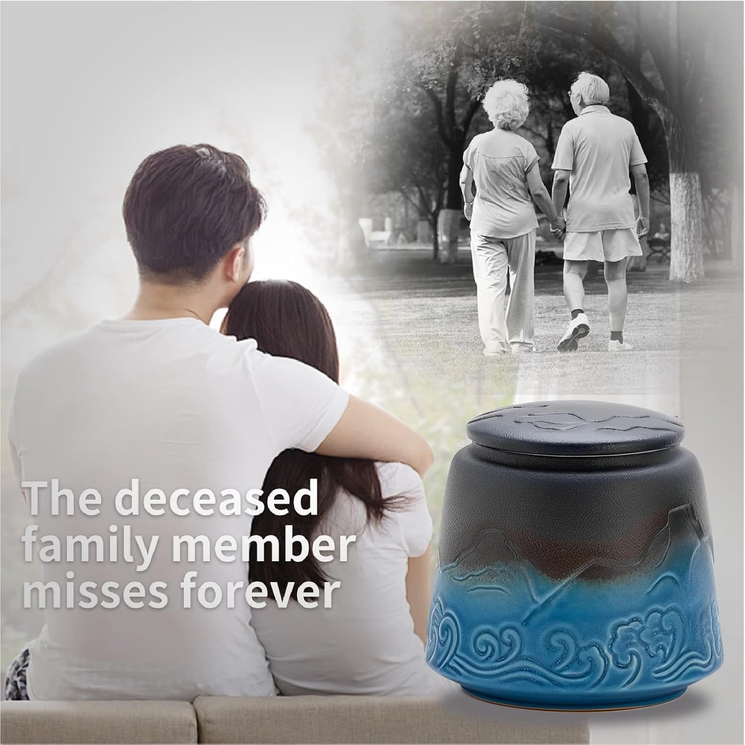 Small Urn for Human Ashes - Black Blue Gradient 33 Inches Ceramic Urn