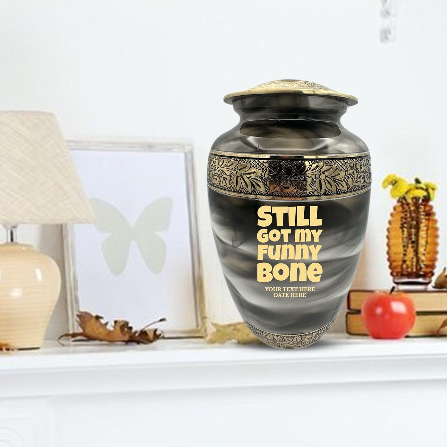 Custom Cremation Urn for Men Women - Gold Engraved Name Dates Funny Bone Design