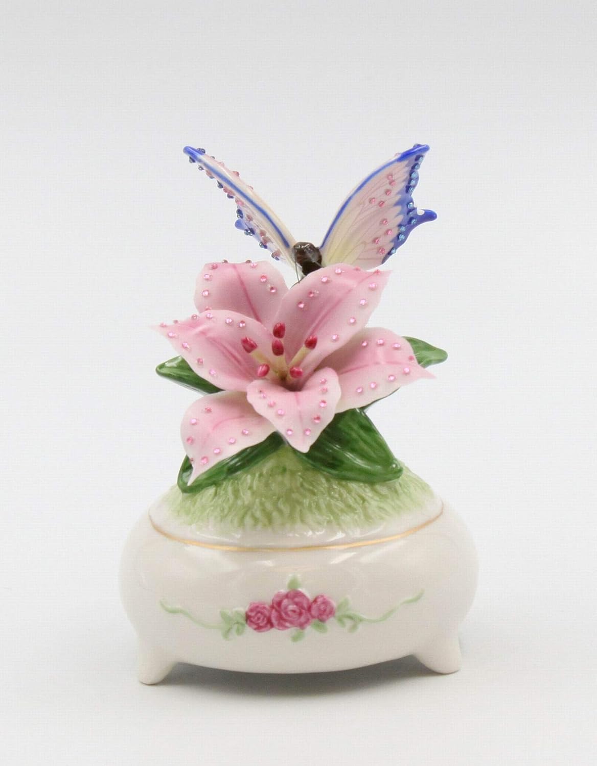 Fine Porcelain Butterfly with Stargazer Lily Musical Box Figurine 5 H