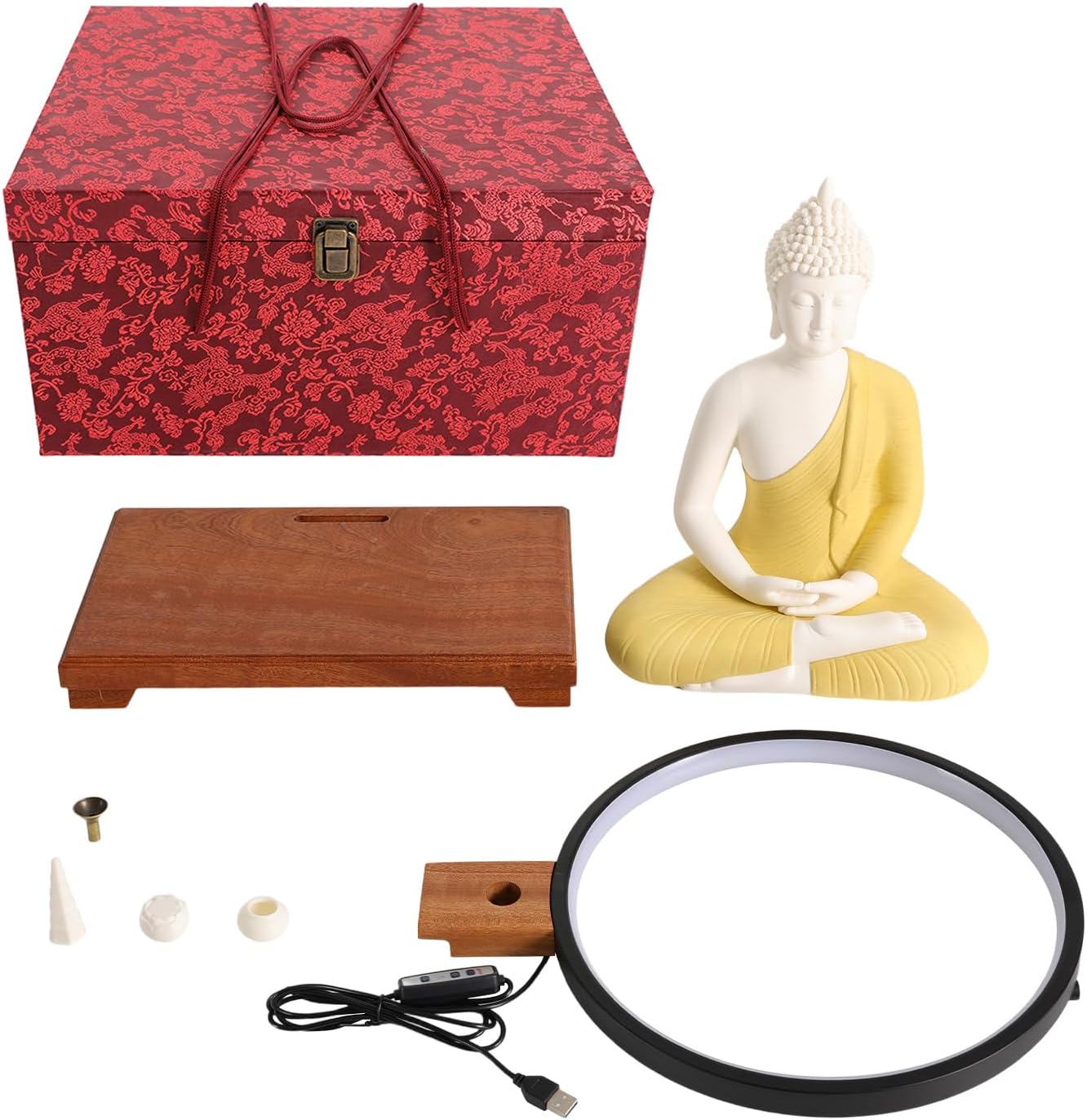 Shakyamuni Buddha Statue with LED Halo and Wooden Base