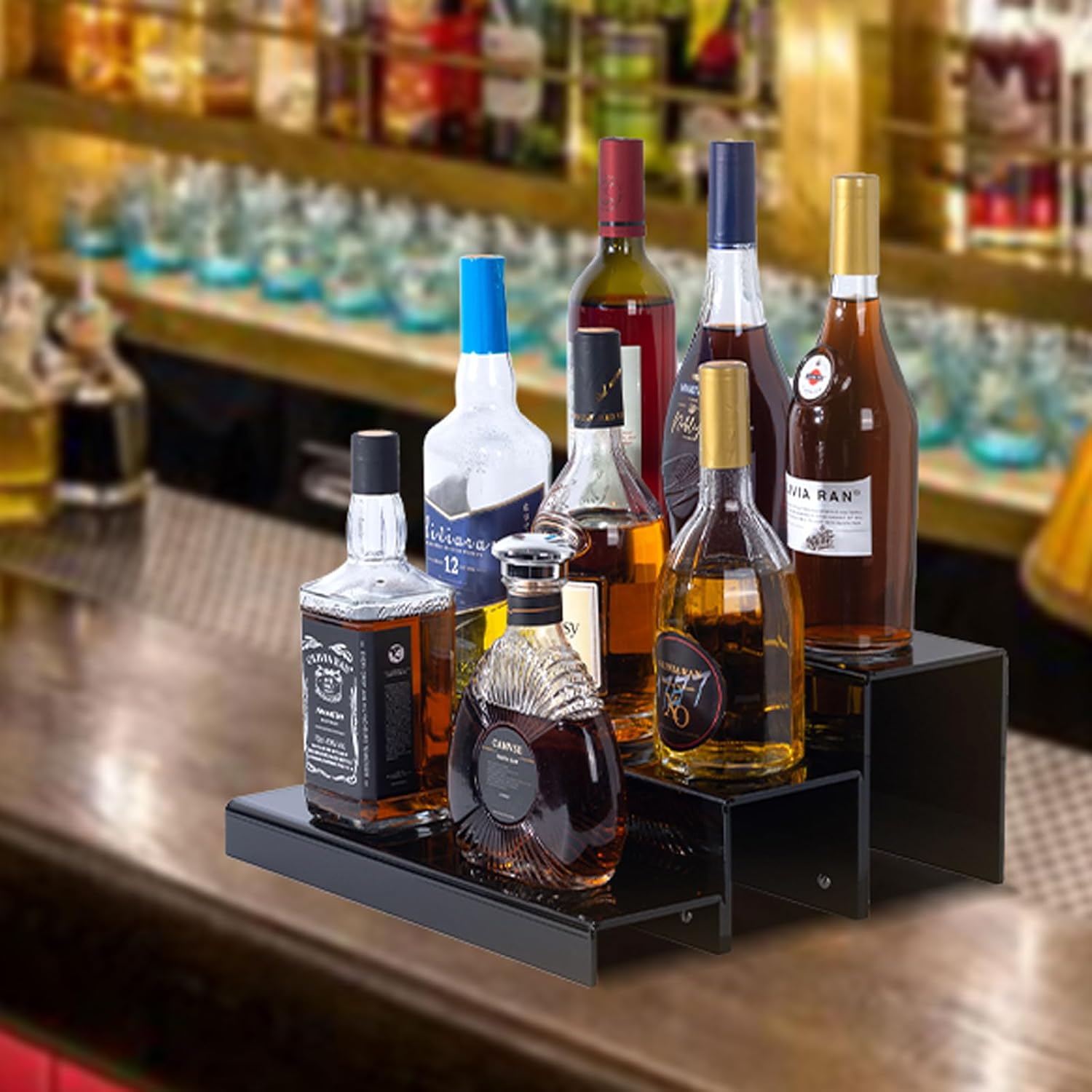 3 Tiers Bar Shelves for Liquor Bottles 15 Black Acrylic Risers Display Racks Stands for Collectibles