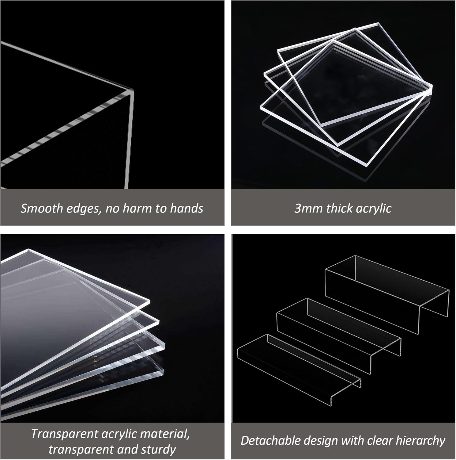 3pcs Square Acrylic Display Risers for Collectibles and Decor