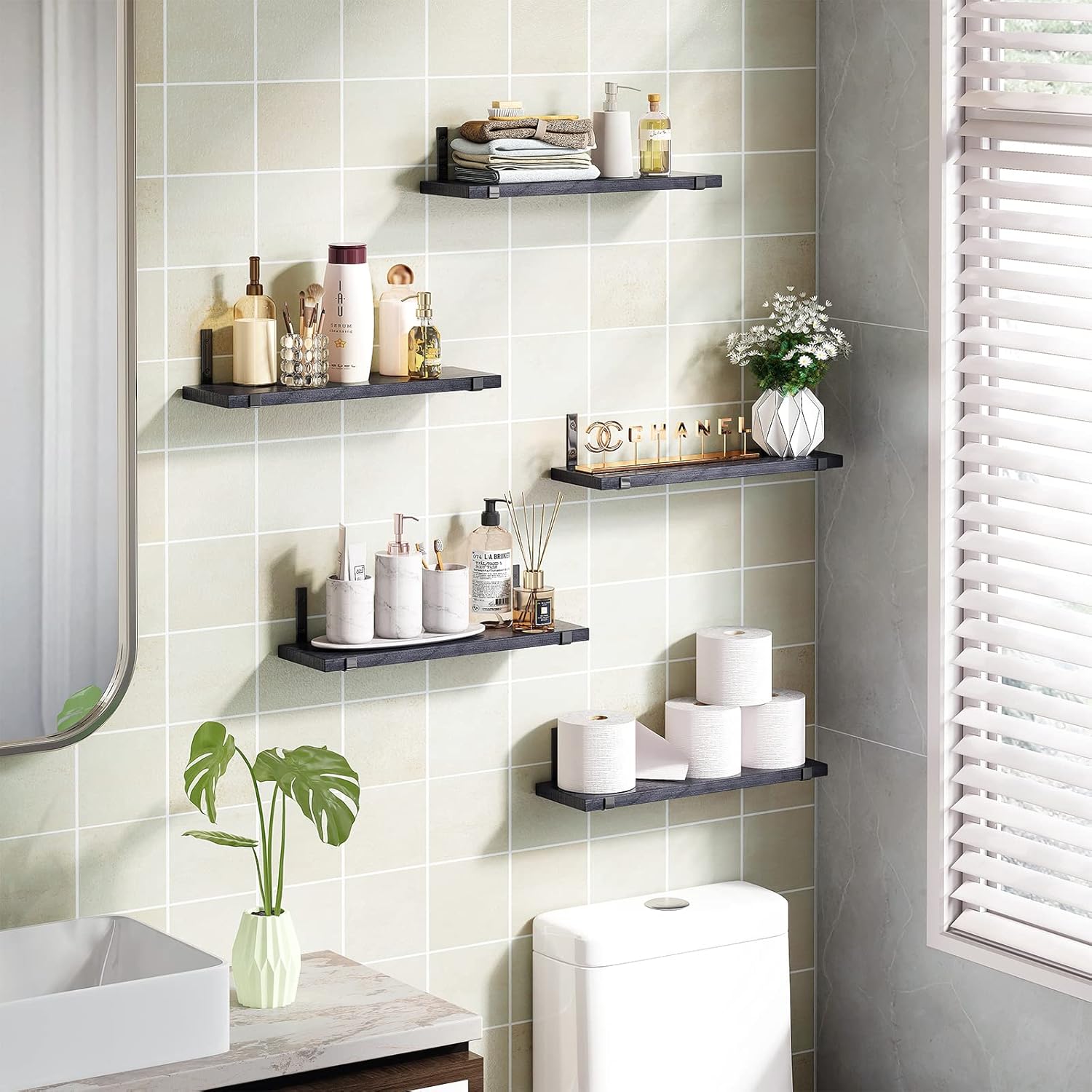 Fixwal Floating Shelves Set of 5 Black Wall Storage Shelves