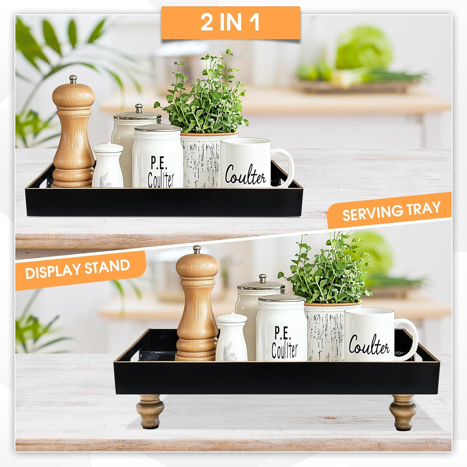 MAONAME Black Display Riser Decorative Tray 2 in 1 Pedestal Stand Serving Tray with Feet Rectangular