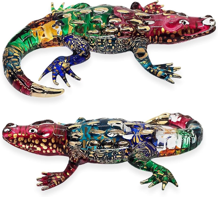 WitnyStore Rainbow Gold Crocodile Figurine - Miniature Hand Blown Glass Decor Collectible