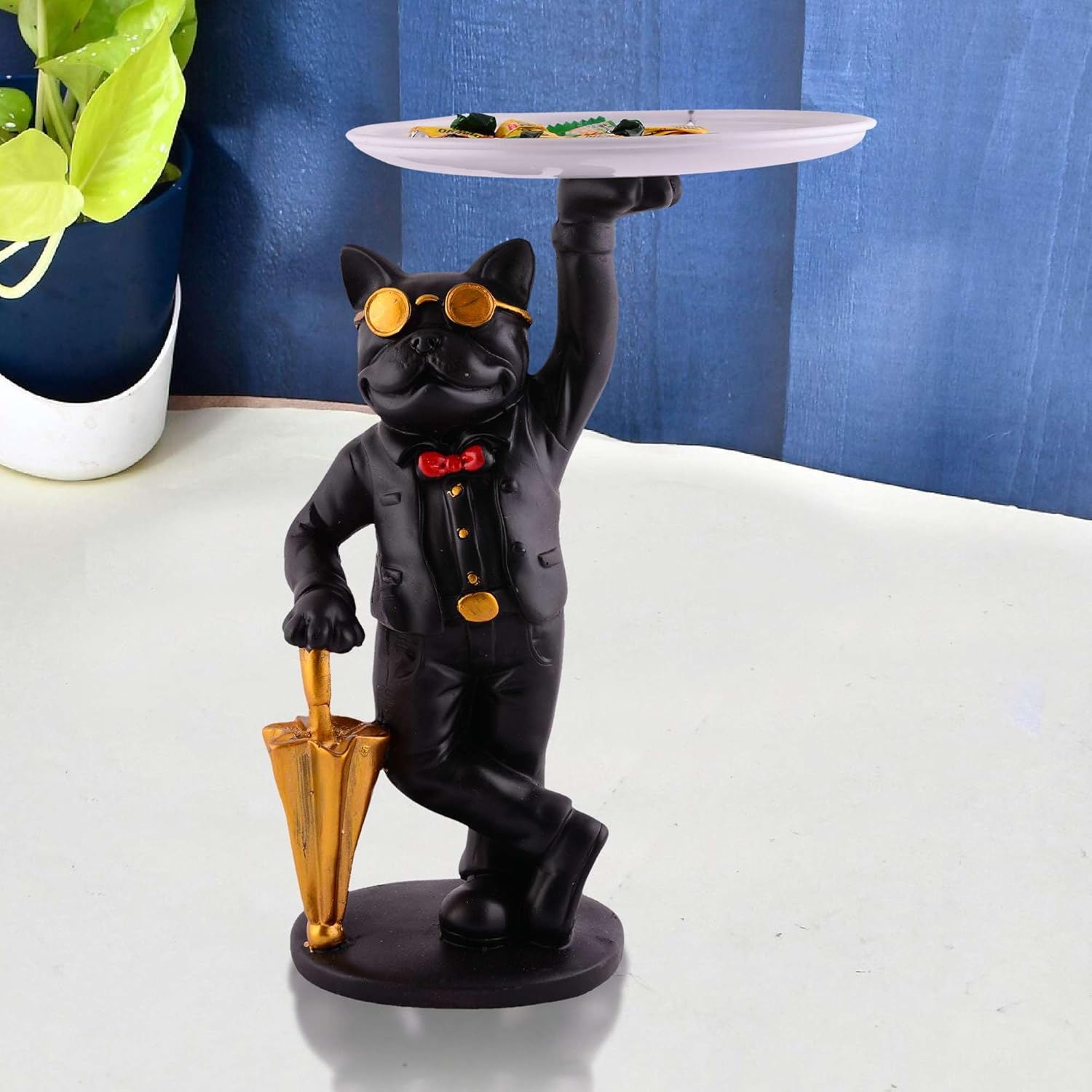 Cool Resin Dog Sculpture with Plate for Home Decor