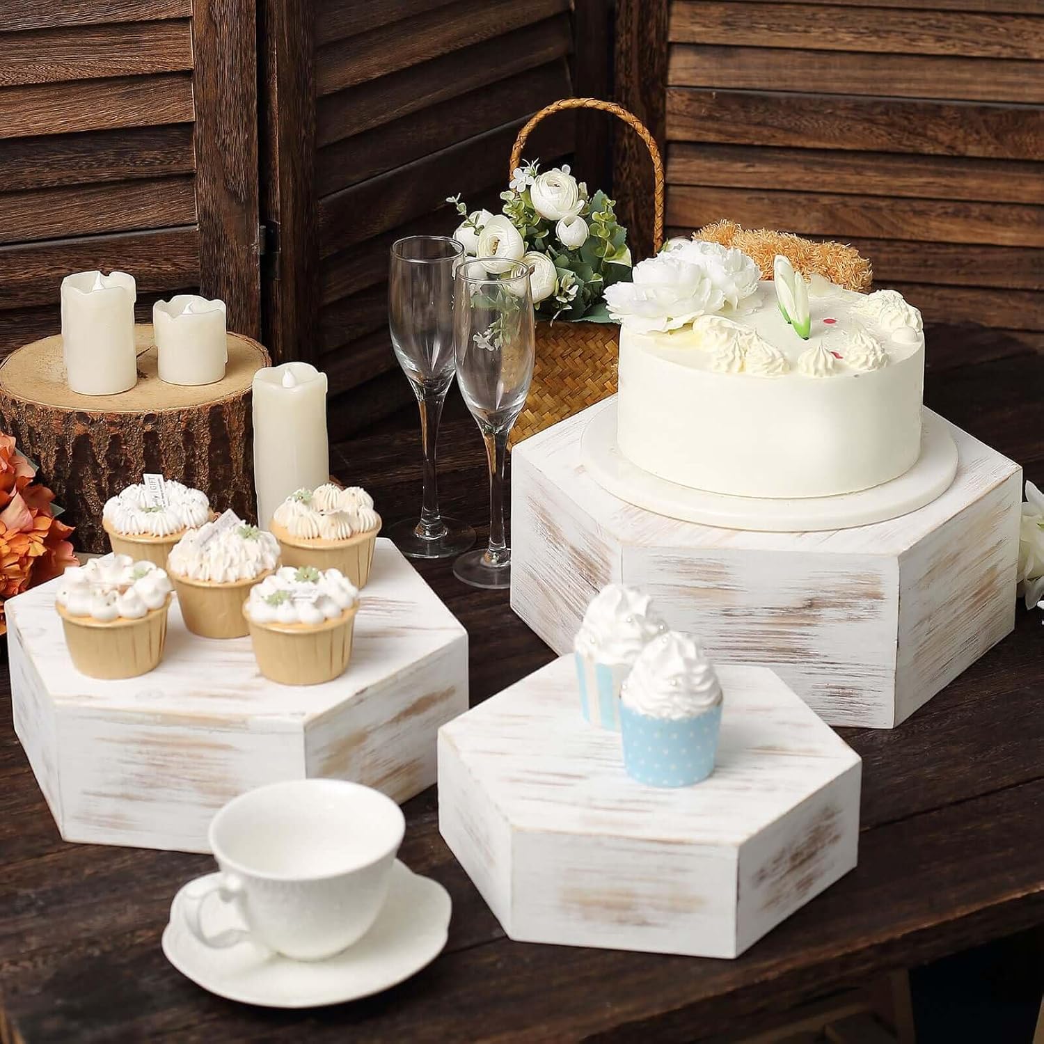 Efavormart Set of 3 Whitewashed Hexagonal Cake Stand Display Boxes