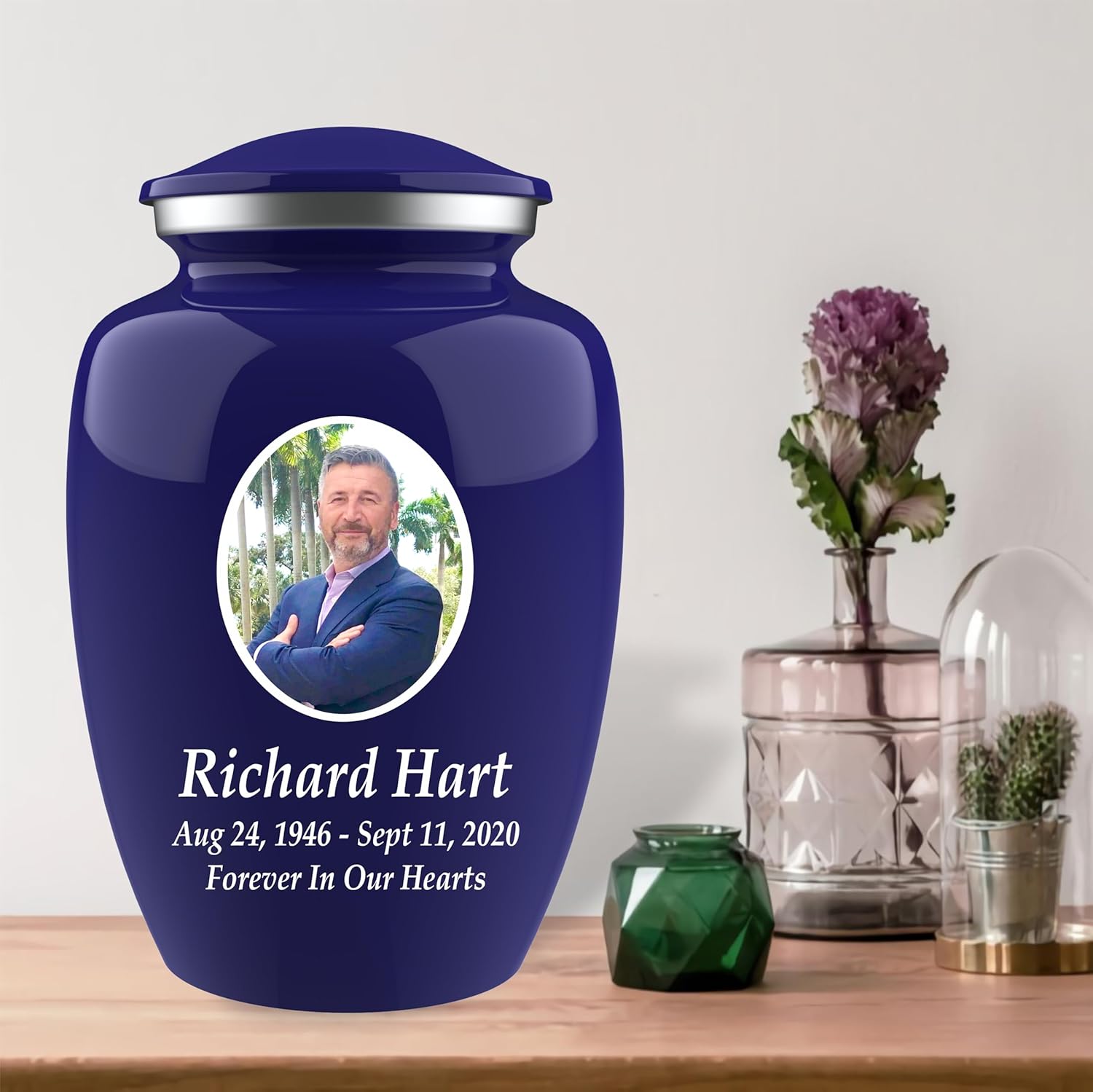Personalized Photo Cremation Urn with Engraving and Velvet Bag Blue