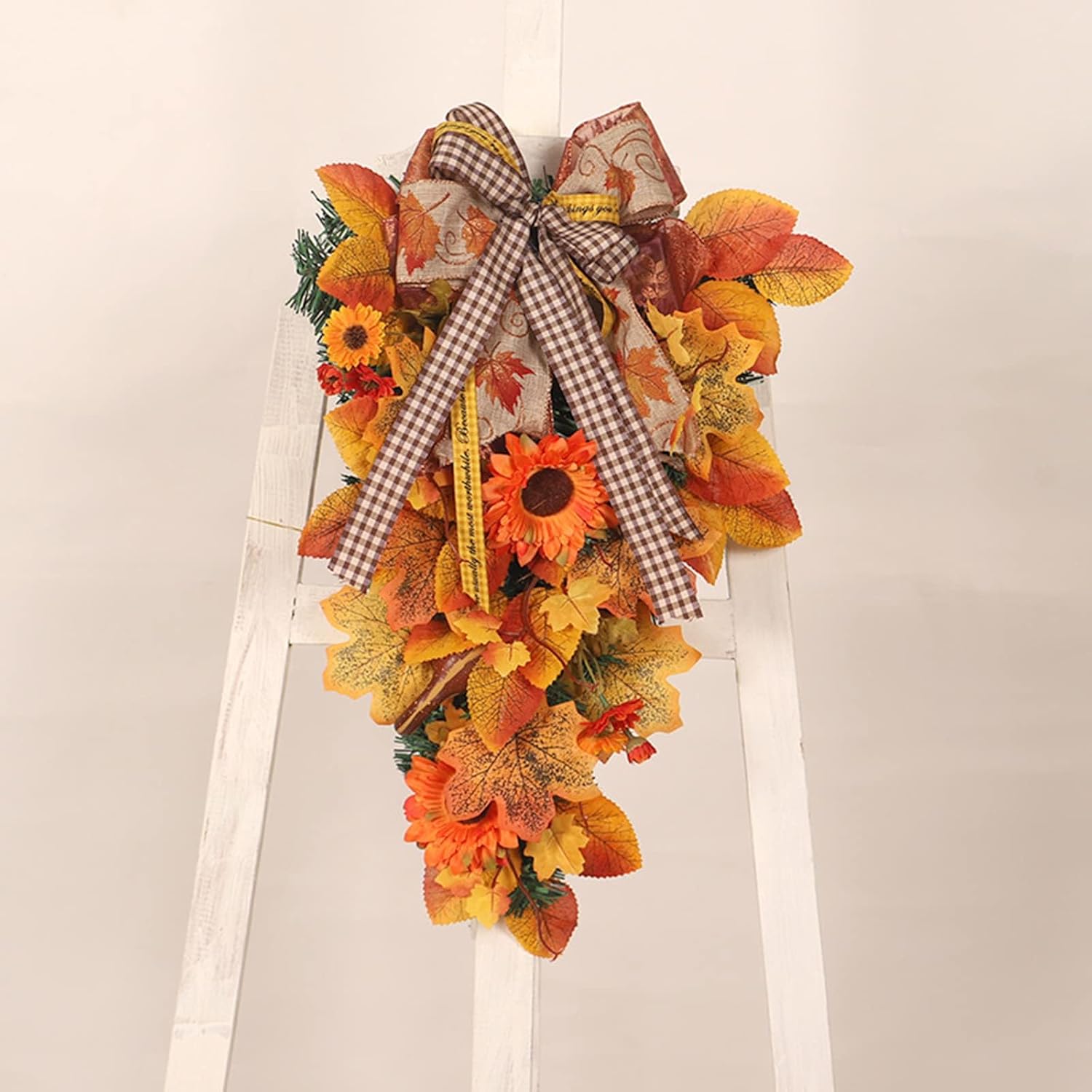 Artificial Fall Teardrop Wreath with Sunflowers and Bows
