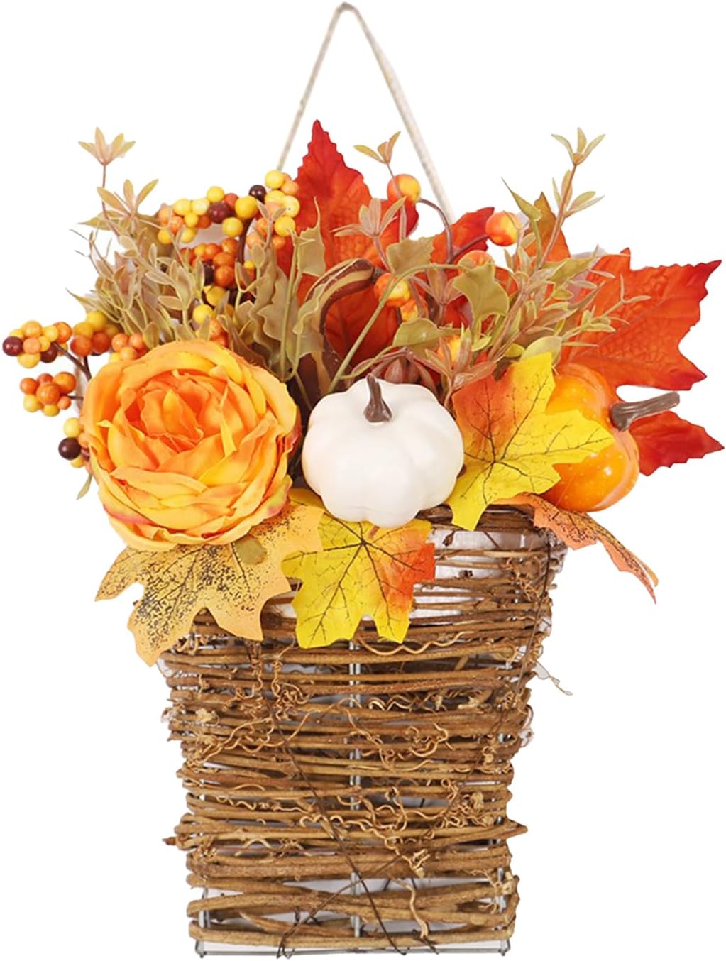 Autumn Peony Pumpkin Wall Hanging Basket for Fall Decor