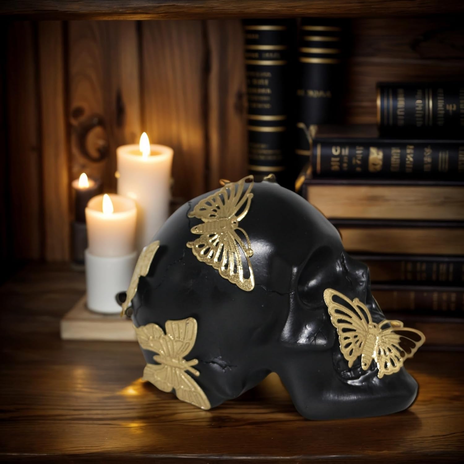 Black Skull Statue with Gold Butterfly Halloween Decor Collectible Figurine