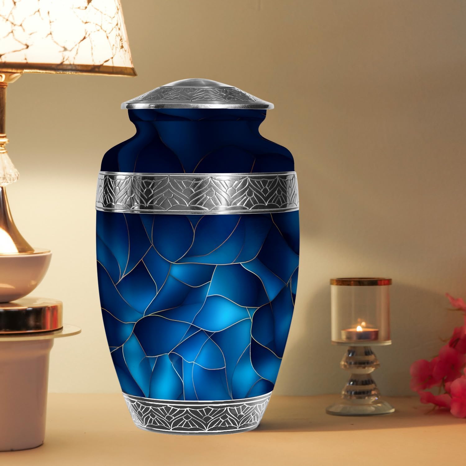 Blue Urn for Human Ashes - Extra Large Cremation Urn with Velvet Bag