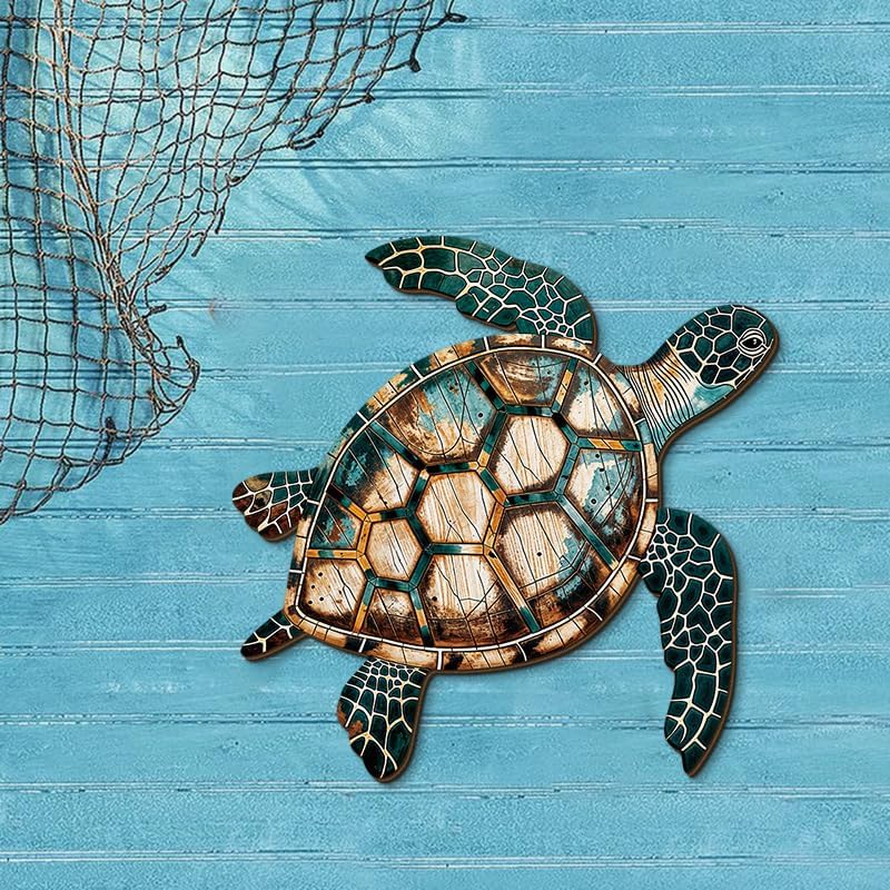 GENHAOTHREE Coastal Sea Turtle Dolphin Wall Art Set - Handcrafted Wooden Ocean Decor for Bathroom Pool Garden and Patio
