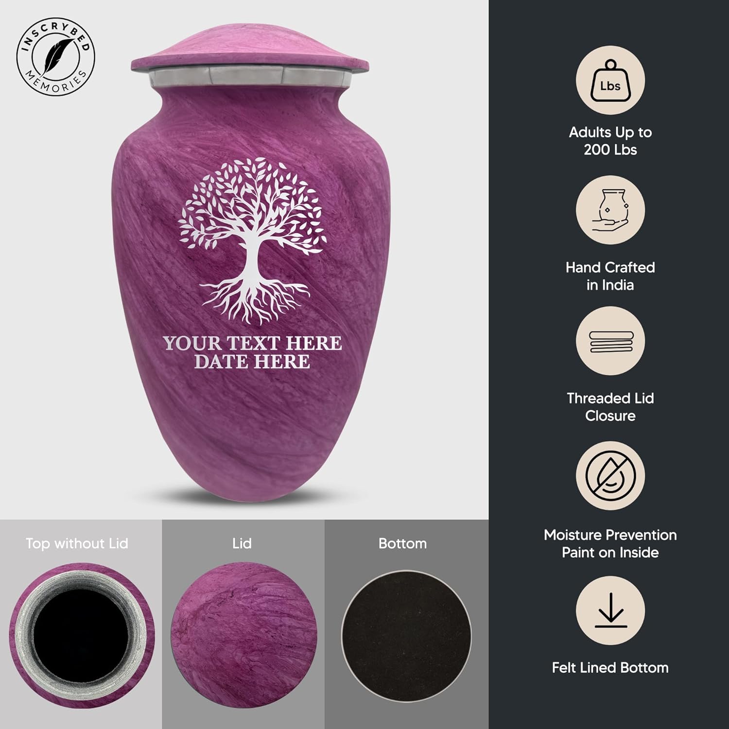 Custom Large Adult Cremation Urn - Pink Name and Tree of Life Design