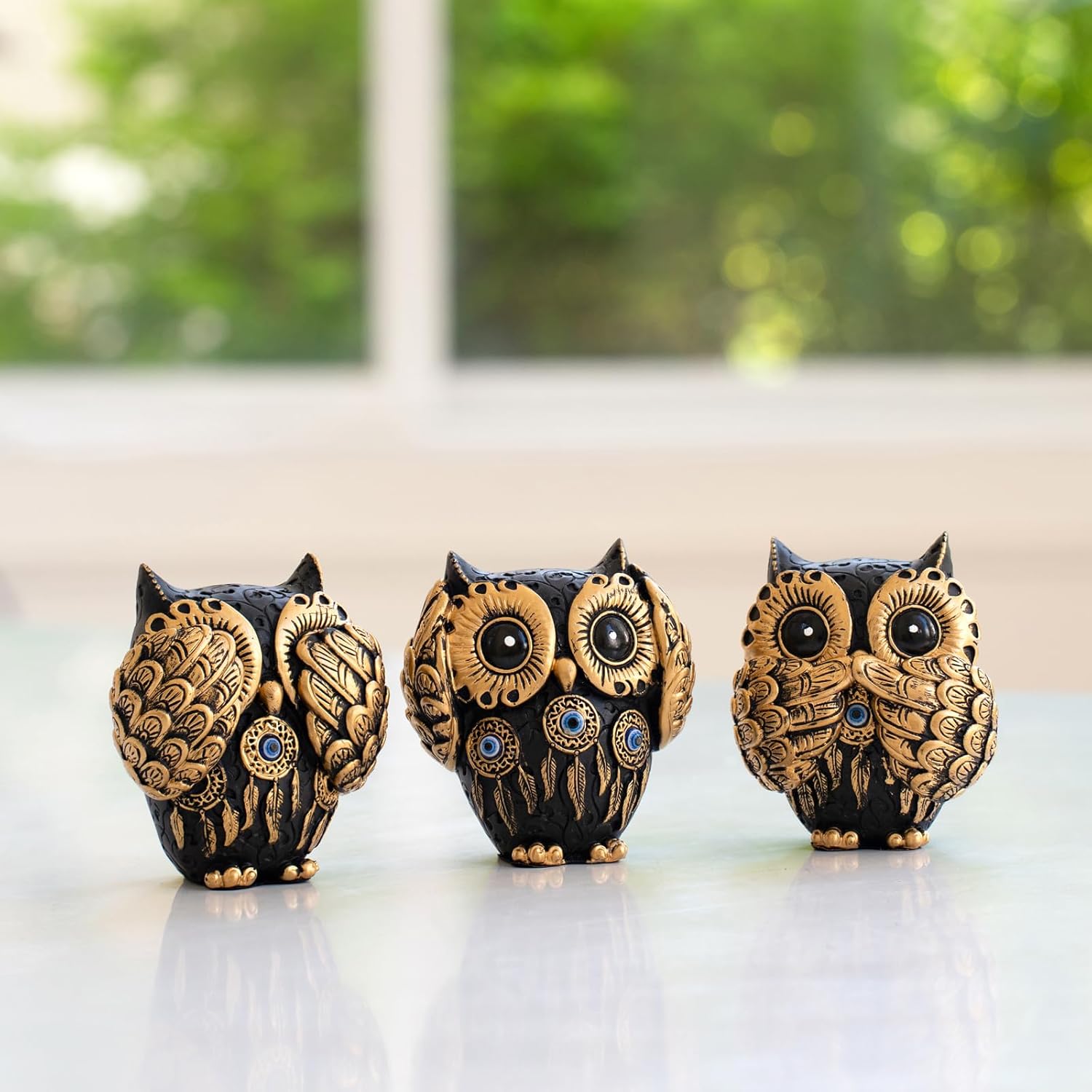 Set of 3 See No Evil Owl Figurines Vintage Black and Gold Design