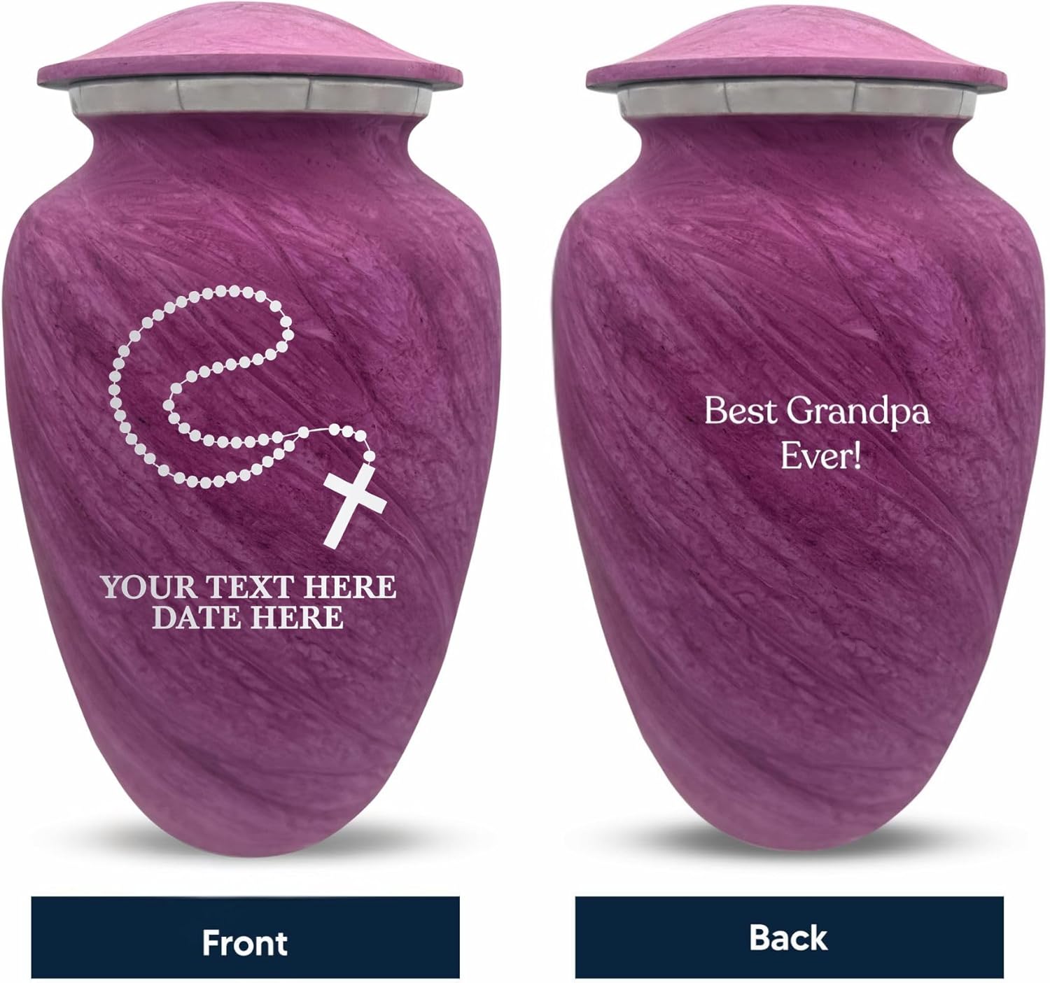 Custom Large Cremation Urn for Ashes - Personalized with Name and Rosary Design Pink
