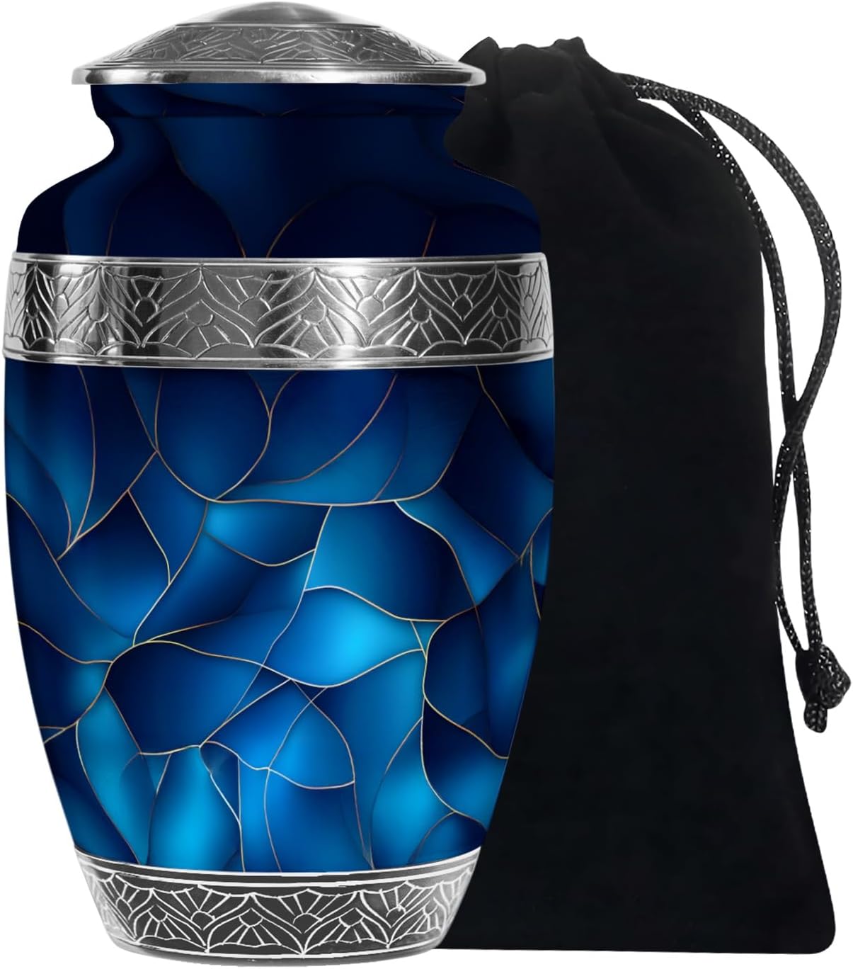 Blue Urn for Human Ashes - Extra Large Cremation Urn with Velvet Bag