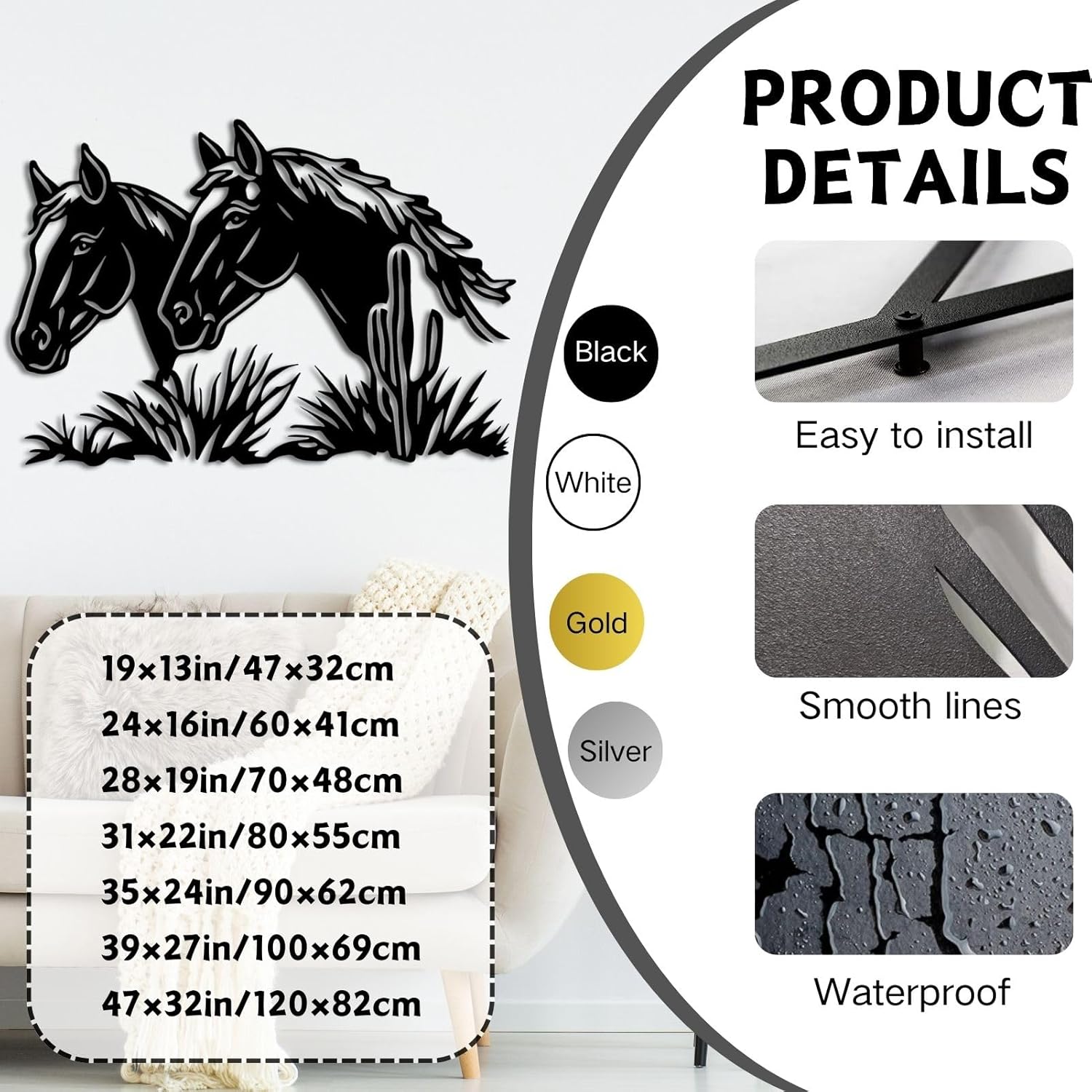 ENJOYOO Metal Horse Wall Art 24x16in White Wall Sculpture
