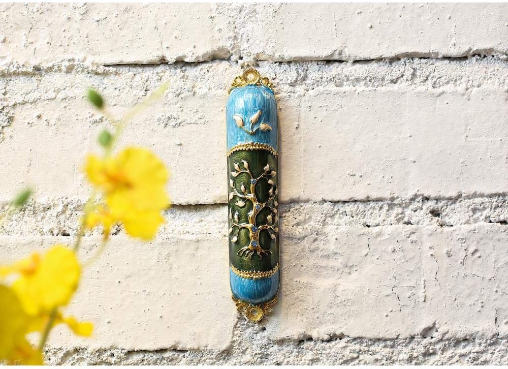 Hand Painted Enamel Mezuzah with Tree of Life Design and Gold Accents
