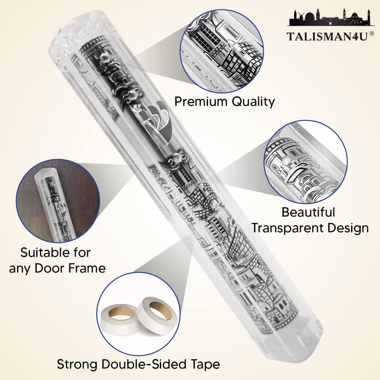 Jerusalem Clear Mezuzah Case with Scroll Silver Ornament