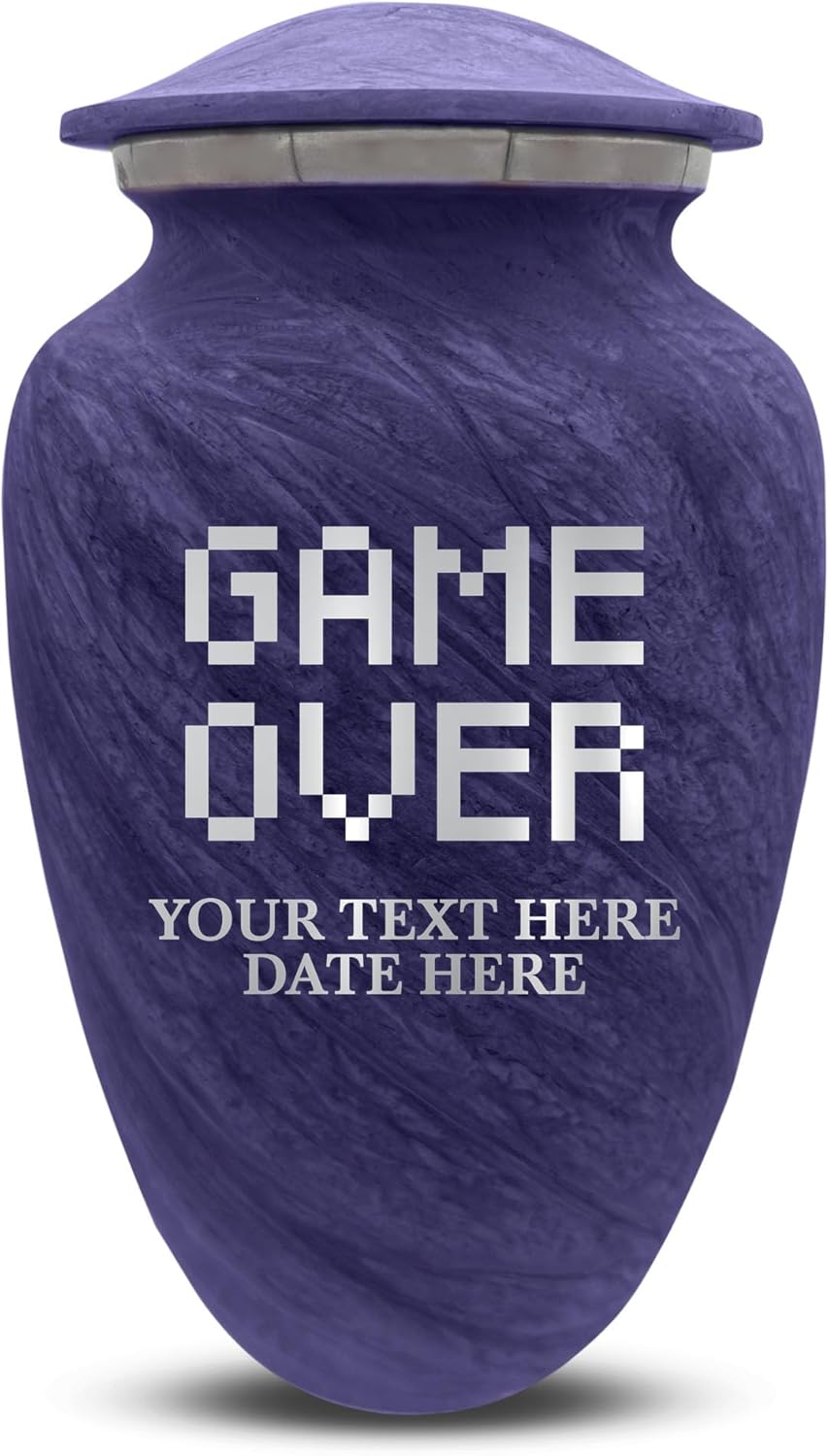 Custom Large Cremation Urn for Ashes - Personalized with Name Game Over Pixel Design 200 Cubic Inch Purple
