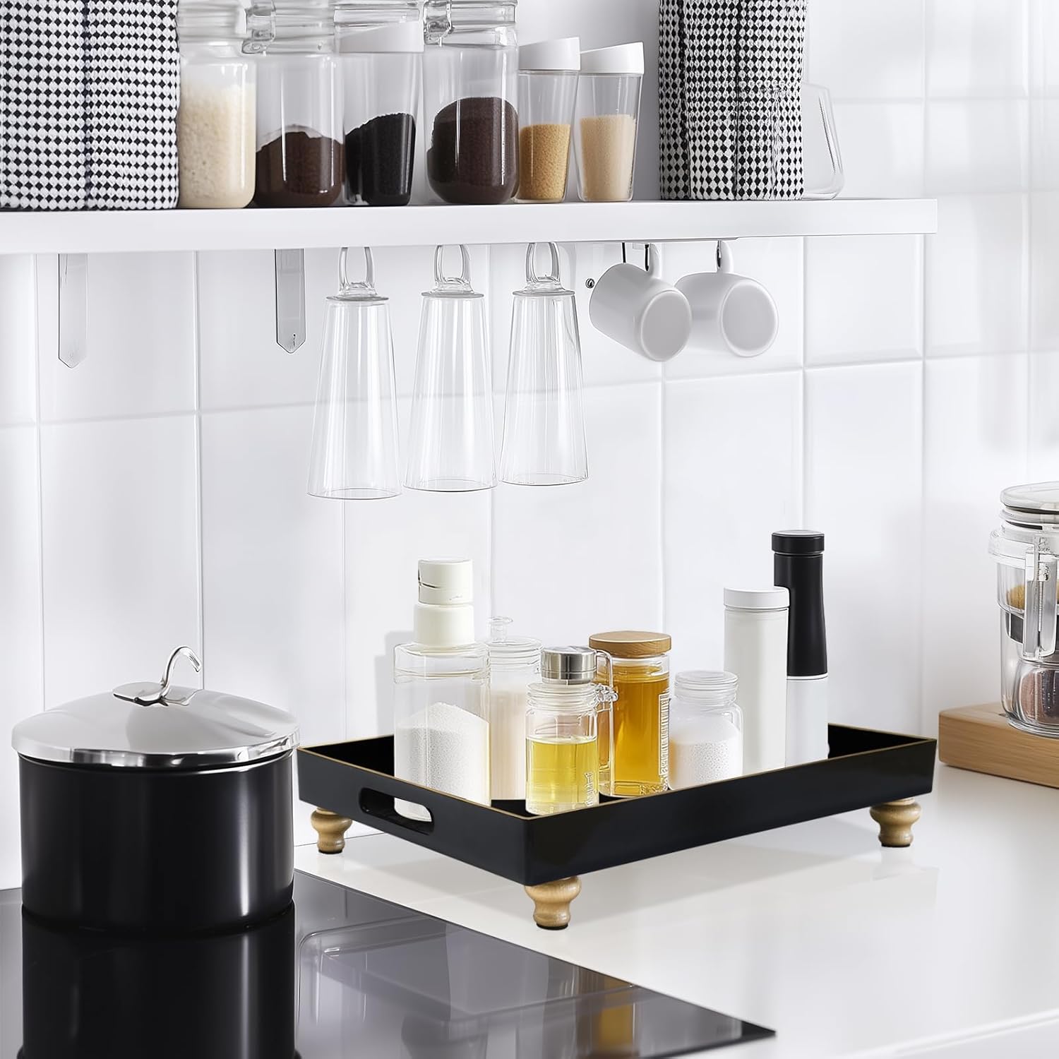 MAONAME Black Display Riser Decorative Tray 2 in 1 Pedestal Stand Serving Tray with Feet Rectangular