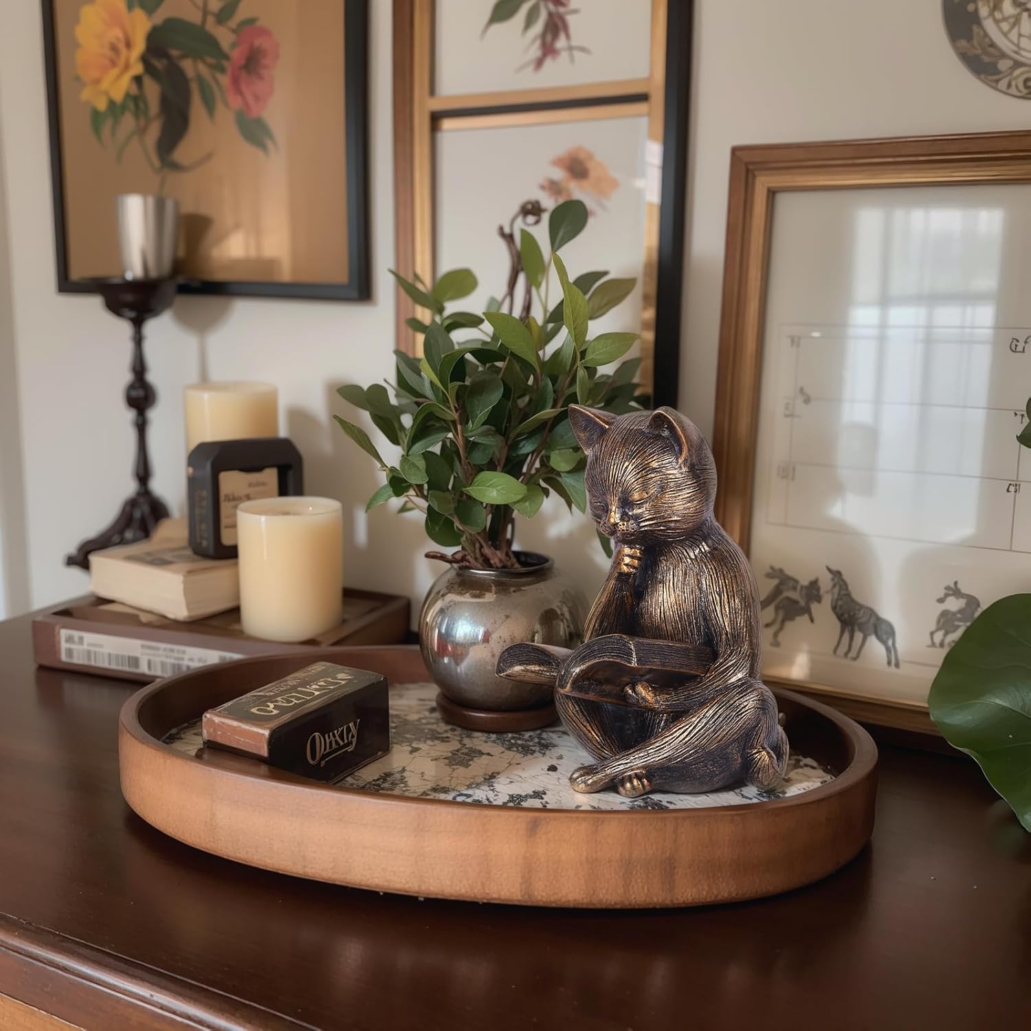Reading Cat Figurine 64 In Bronze Decor Sculpture