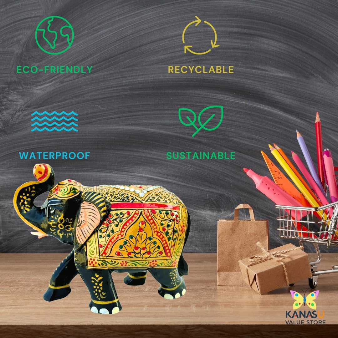 Handcrafted Wooden Elephant Statue with Gold and Gemstone Accents