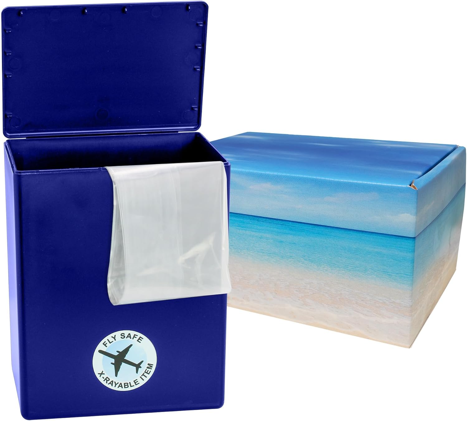 Seashore Themed TSA Approved Travel Cremation Urn Kit - Blue Plastic Urn with Seascape Mailing Box