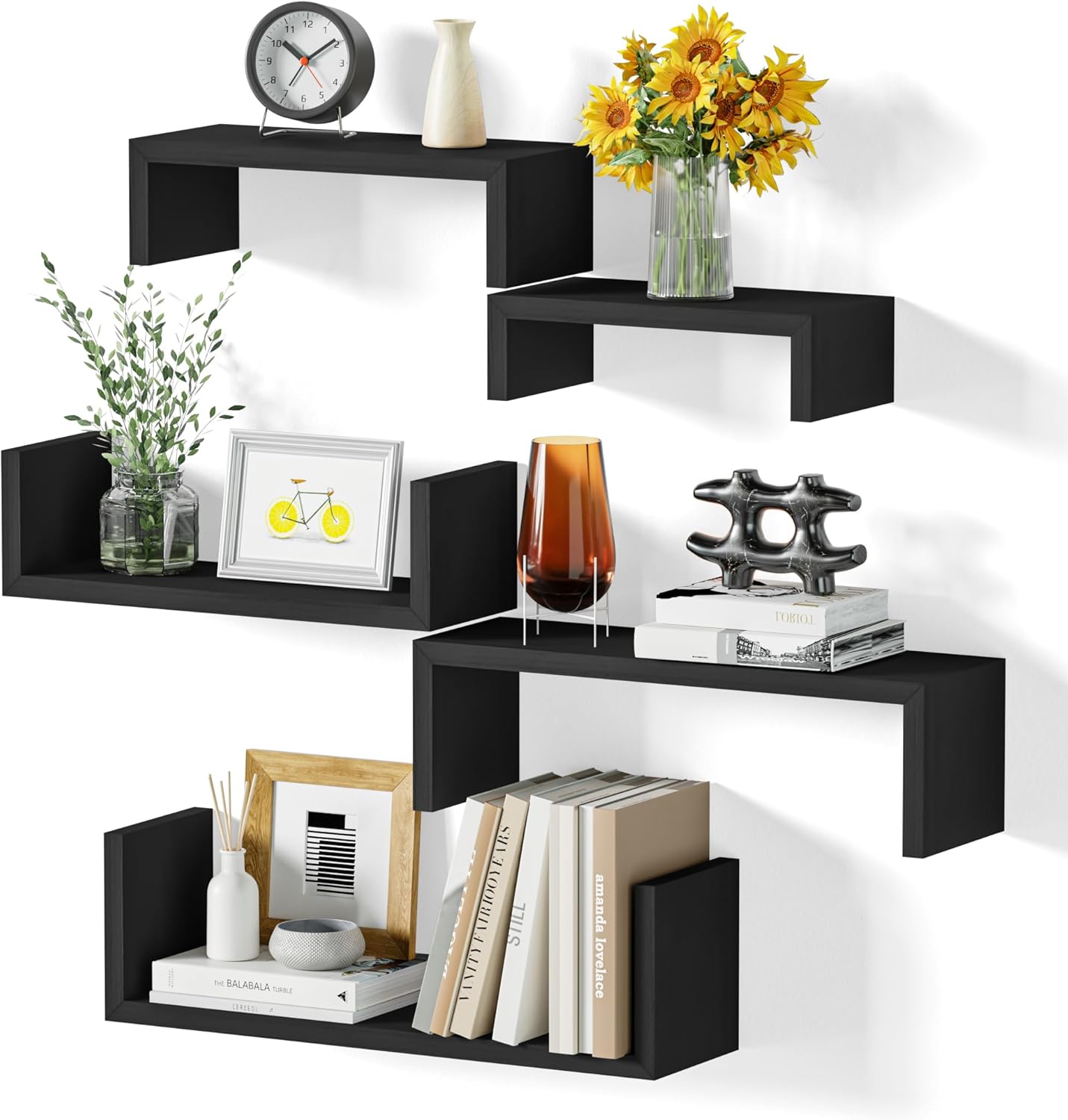 SRIWATANA Weathered Black Floating Wall Shelves Set of 5