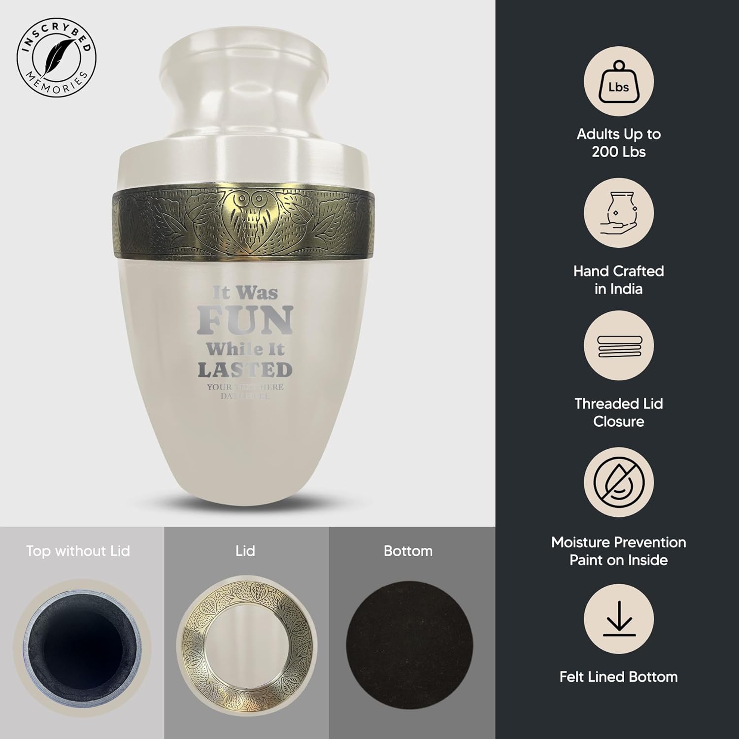 Custom Adult Cremation Urn with Personalized Engraving Elite Dark Humor Series 200 Lbs Capacity White with Gold Rim