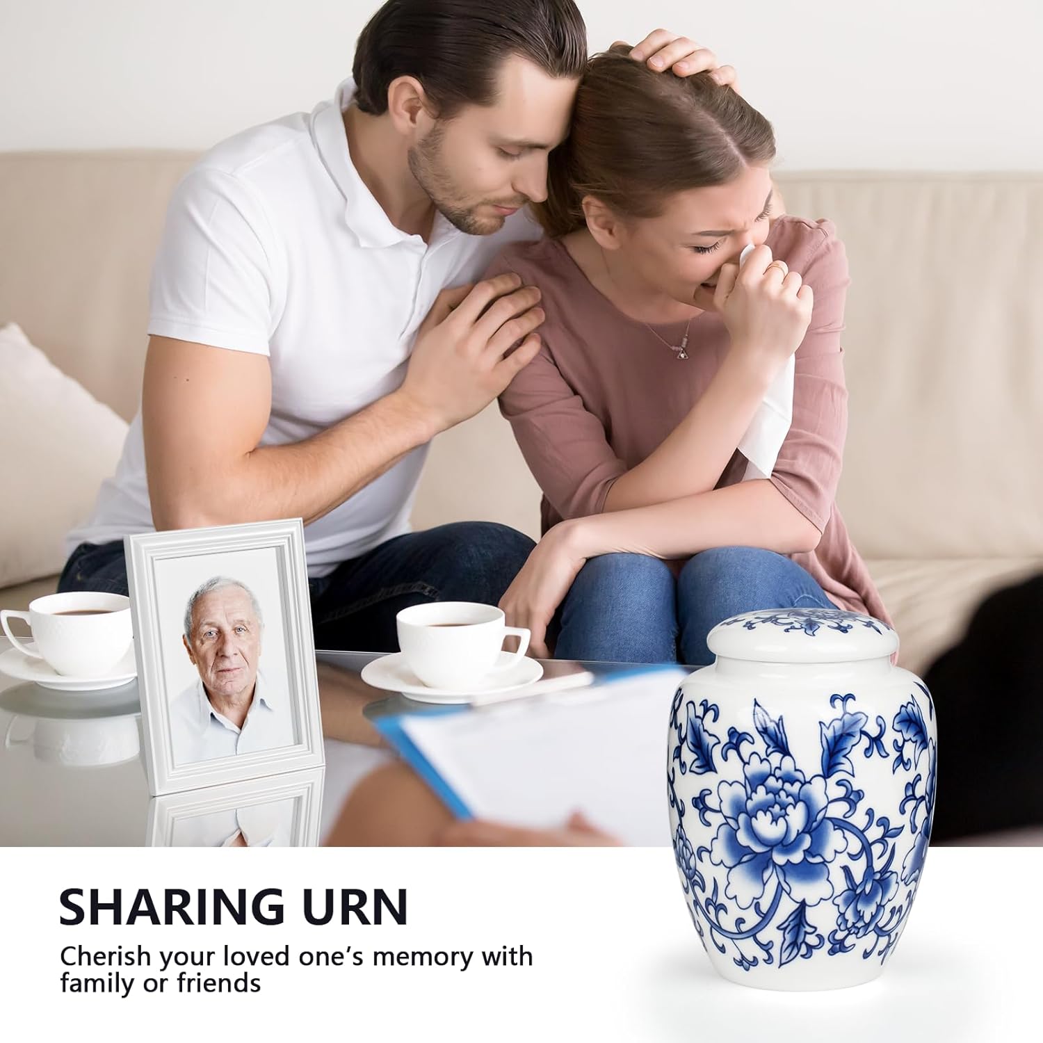 Exquisite Blue and White Porcelain Cremation Urn with Box