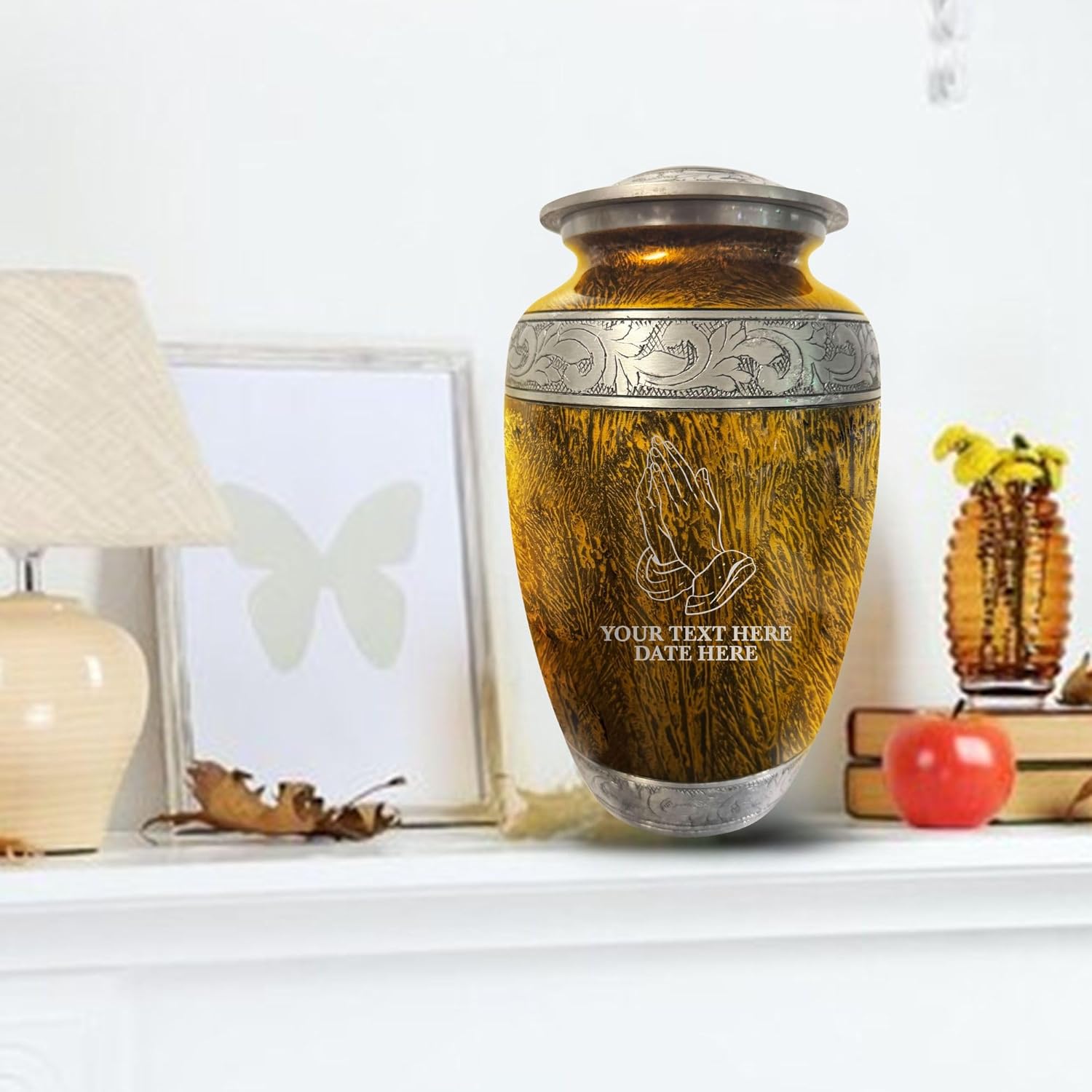 Personalized Cremation Urn with Praying Hands Design - 200 Cubic Inch Distressed Silver Inlay