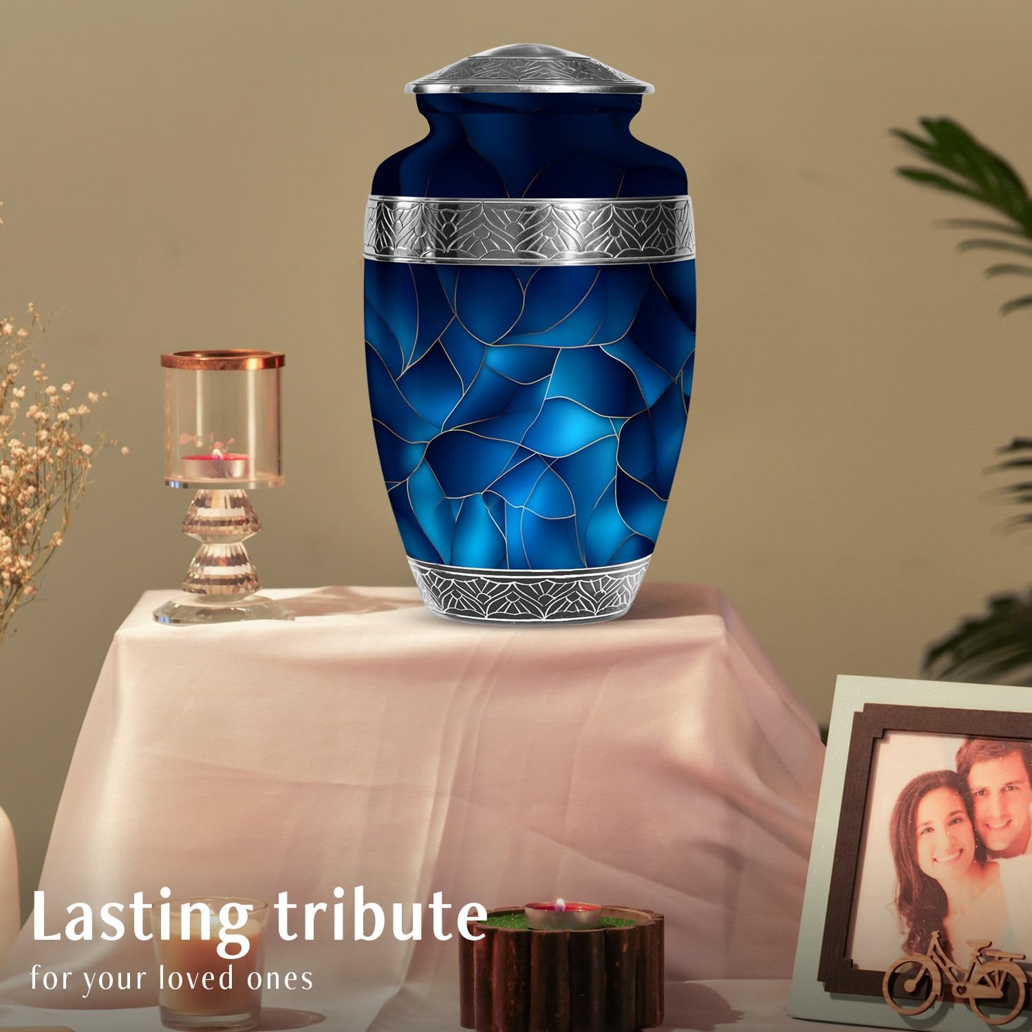 Blue Urn for Human Ashes - Extra Large Cremation Urn with Velvet Bag