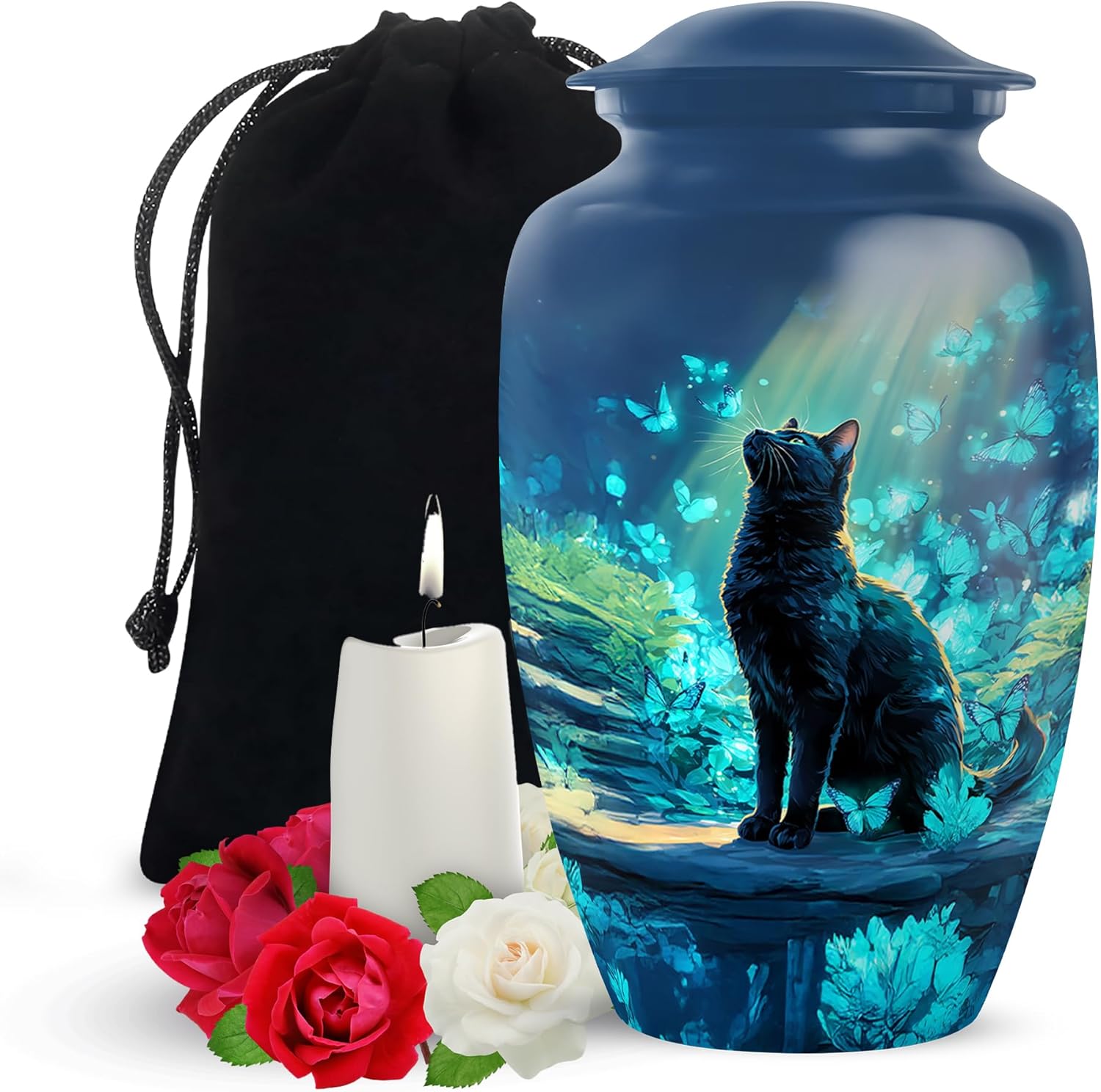 Yatskia 10 Inch Blue Butterfly Cat Cremation Urn for Adult Ashes