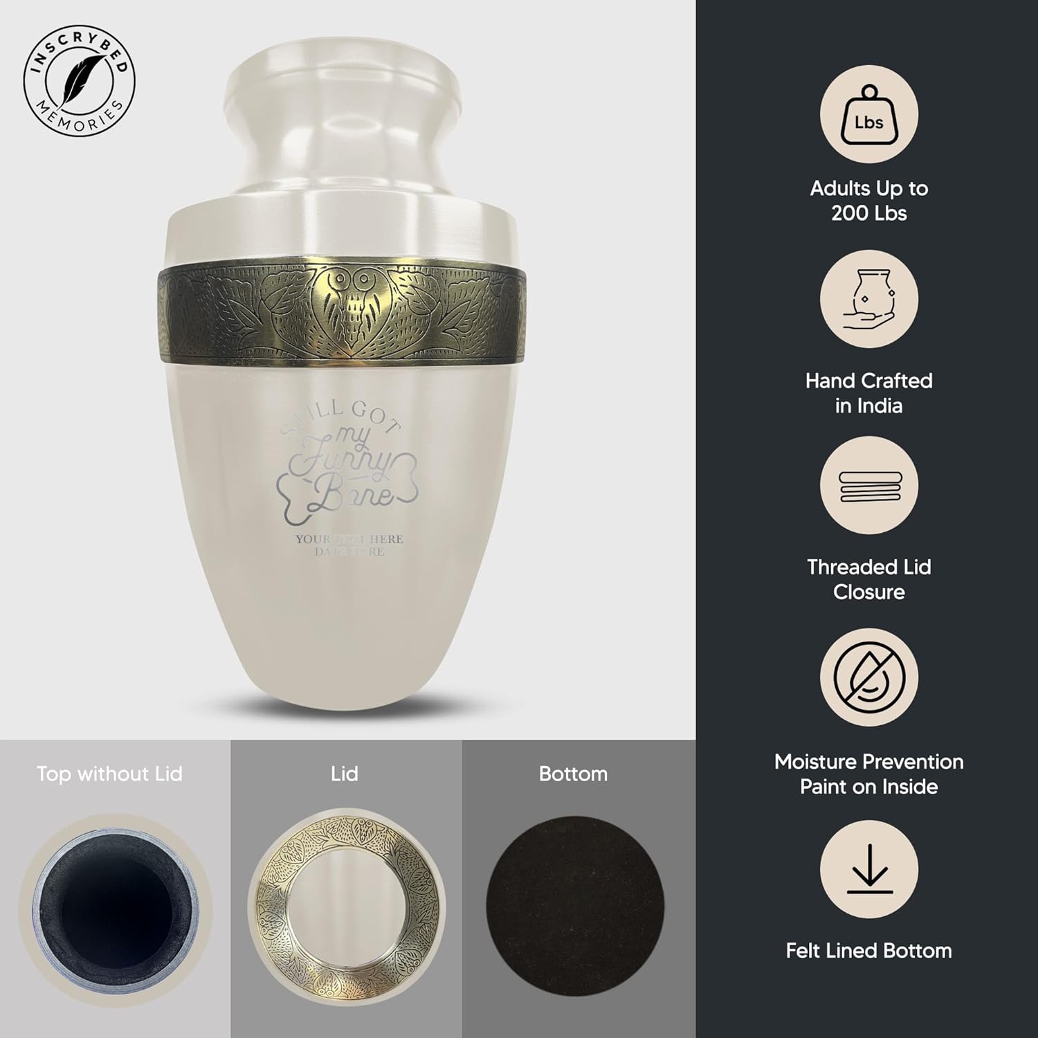 Custom Adult Cremation Urn with Humor Engraving and Gold Rim 200 Lbs Funny Bones 1 White