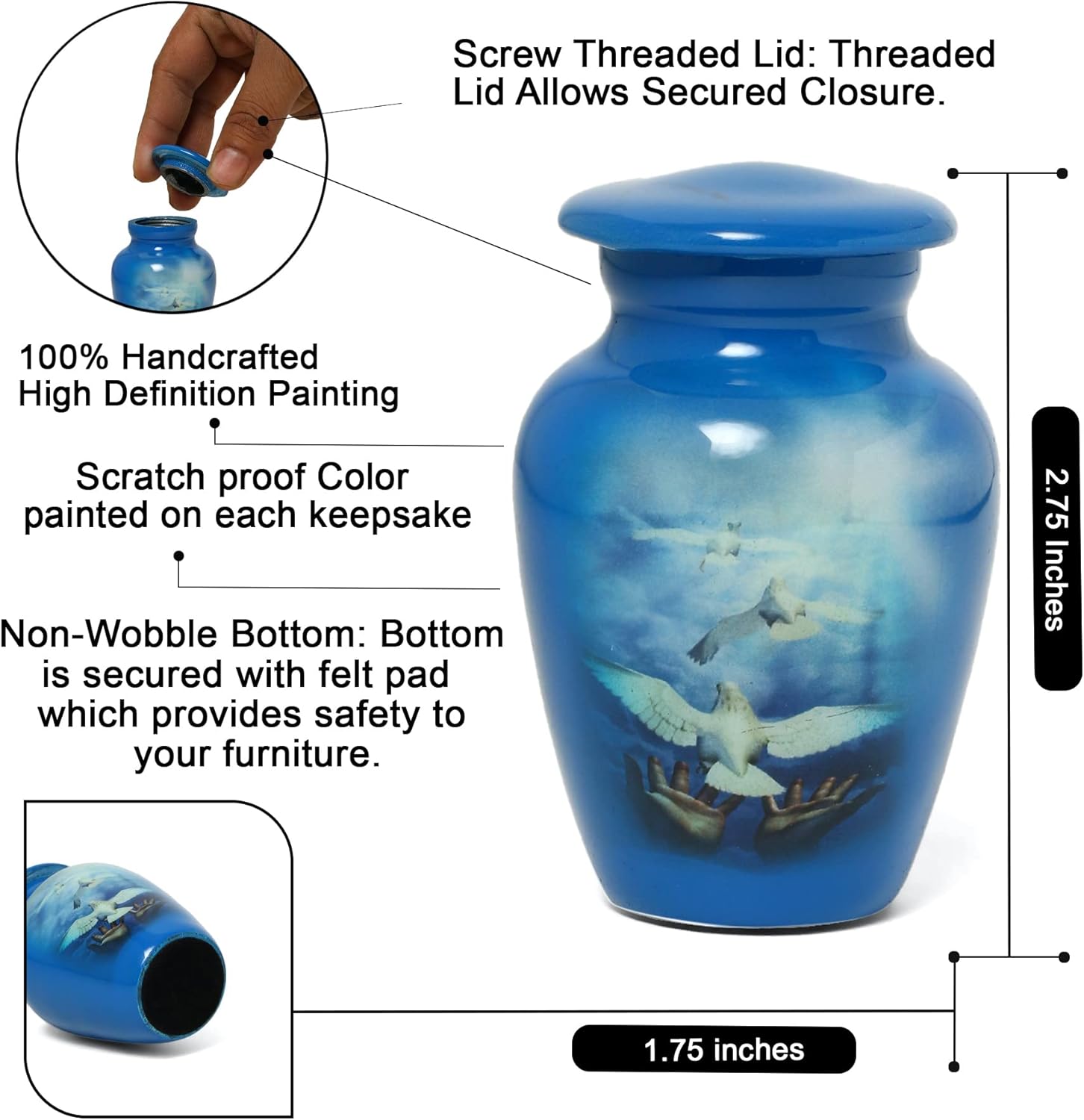 Serenity Dove Painted Mini Cremation Urn - Solid Aluminum