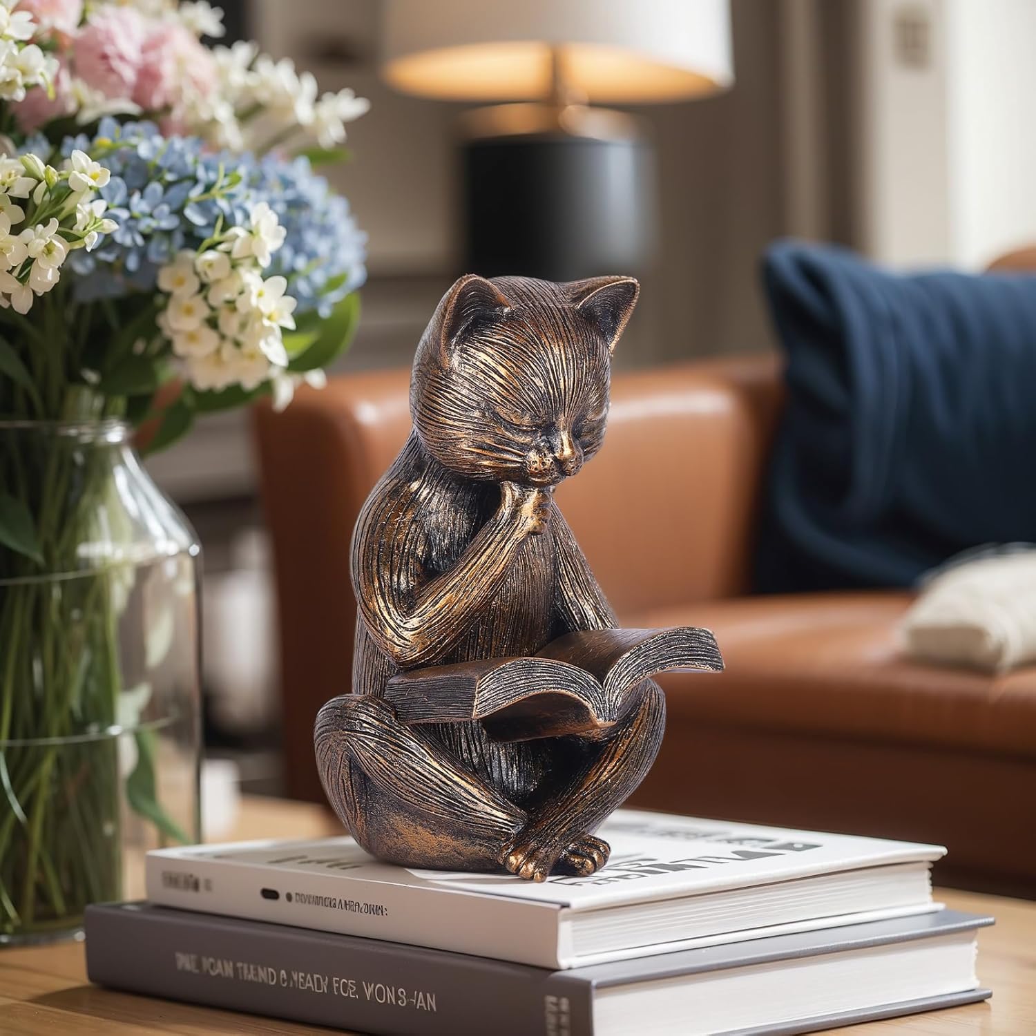 Reading Cat Figurine 64 In Bronze Decor Sculpture