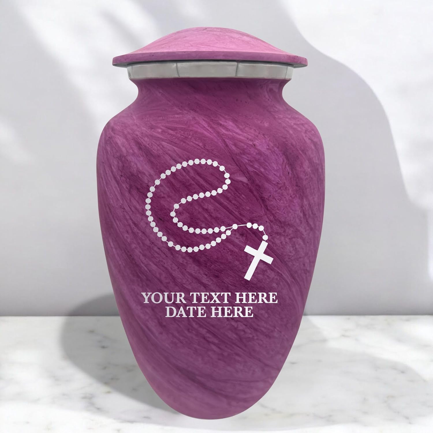 Custom Large Cremation Urn for Ashes - Personalized with Name and Rosary Design Pink