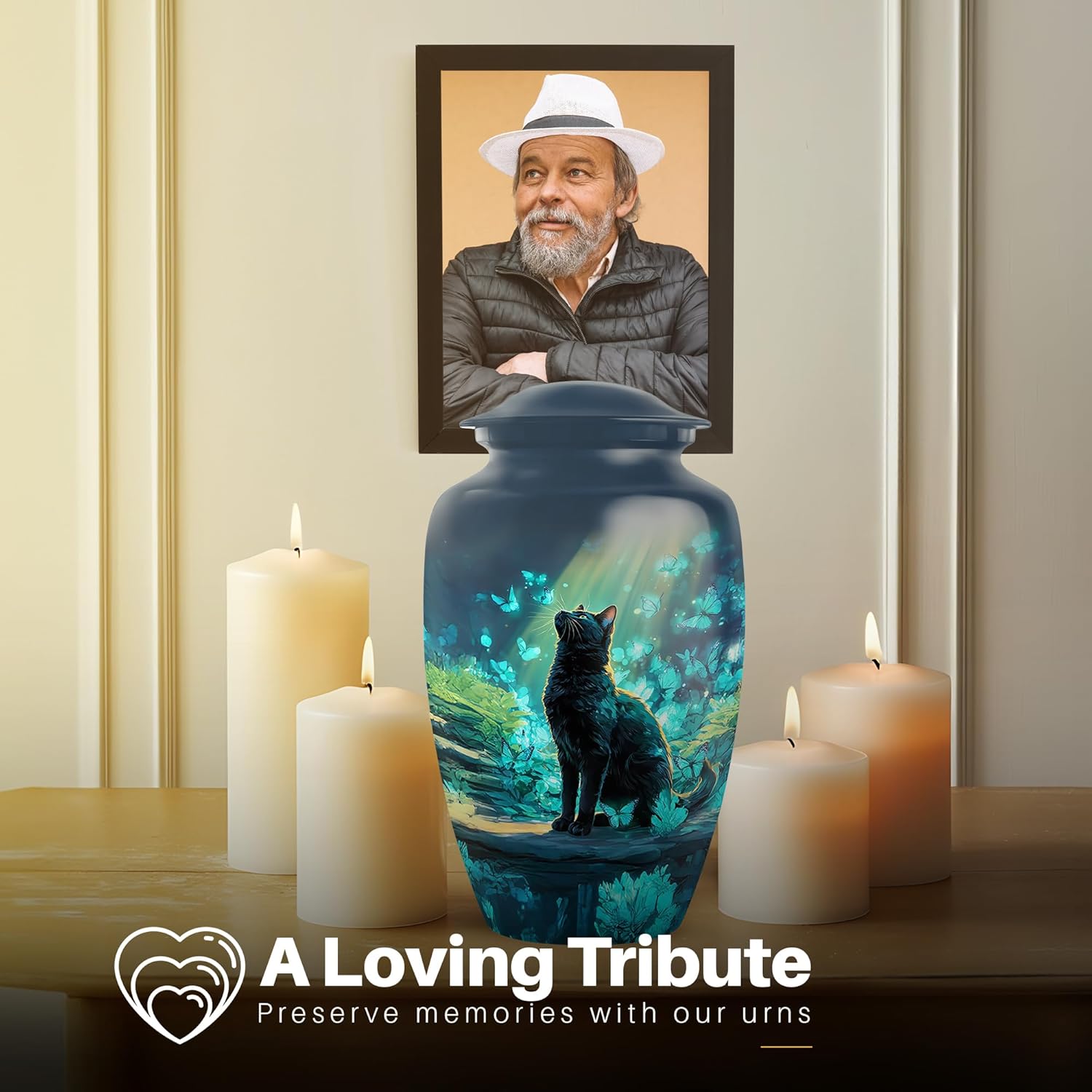 Yatskia 10 Inch Blue Butterfly Cat Cremation Urn for Adult Ashes