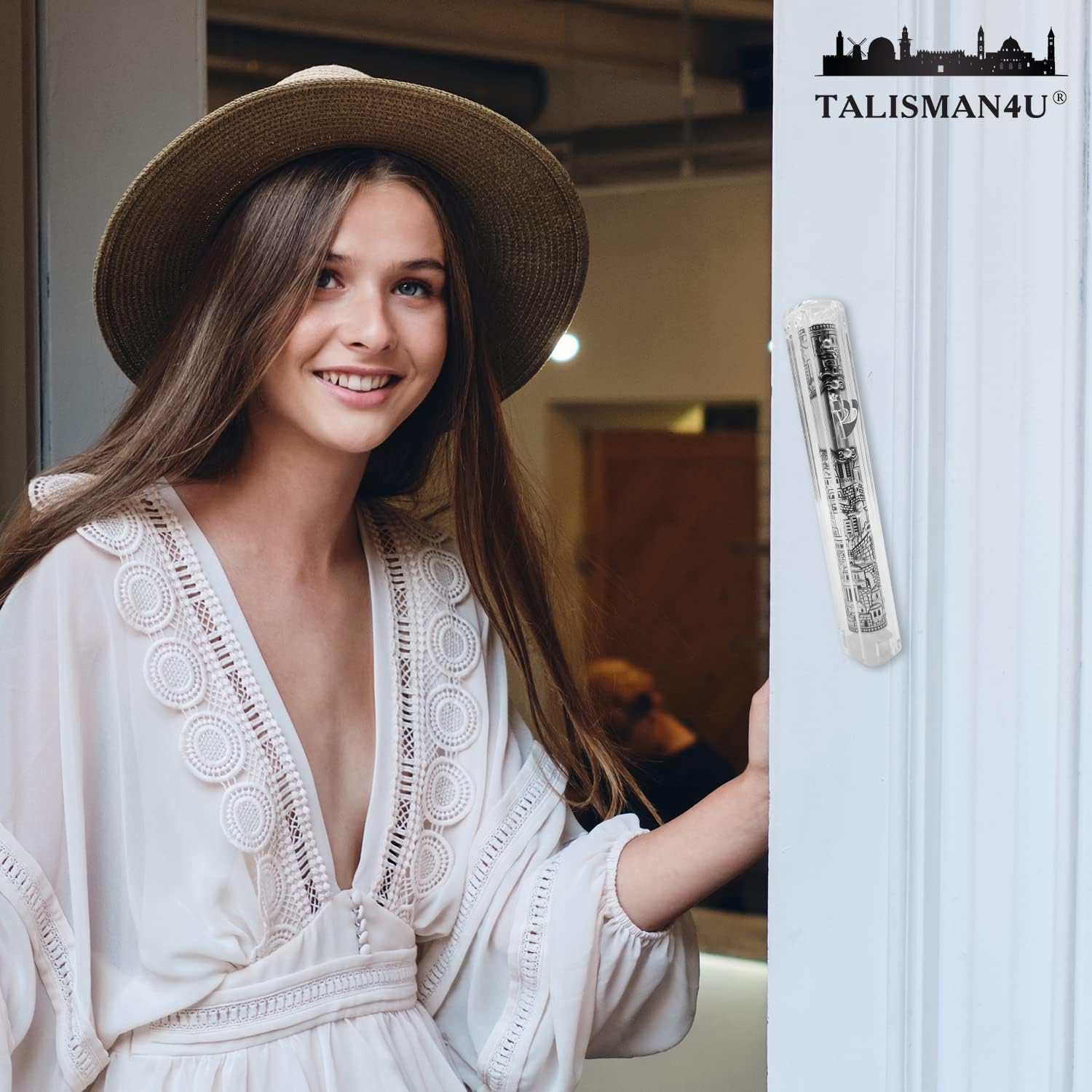 Jerusalem Clear Mezuzah Case with Scroll Silver Ornament
