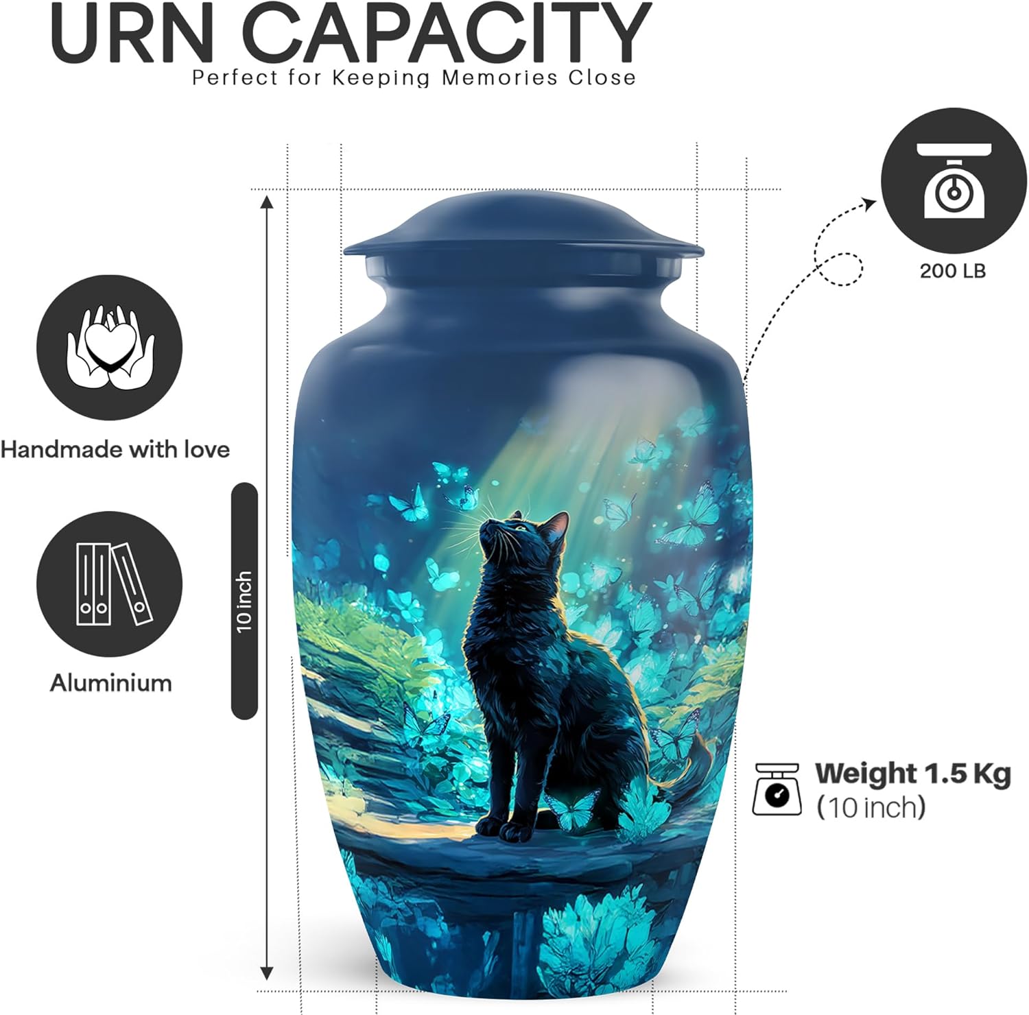 Yatskia 10 Inch Blue Butterfly Cat Cremation Urn for Adult Ashes