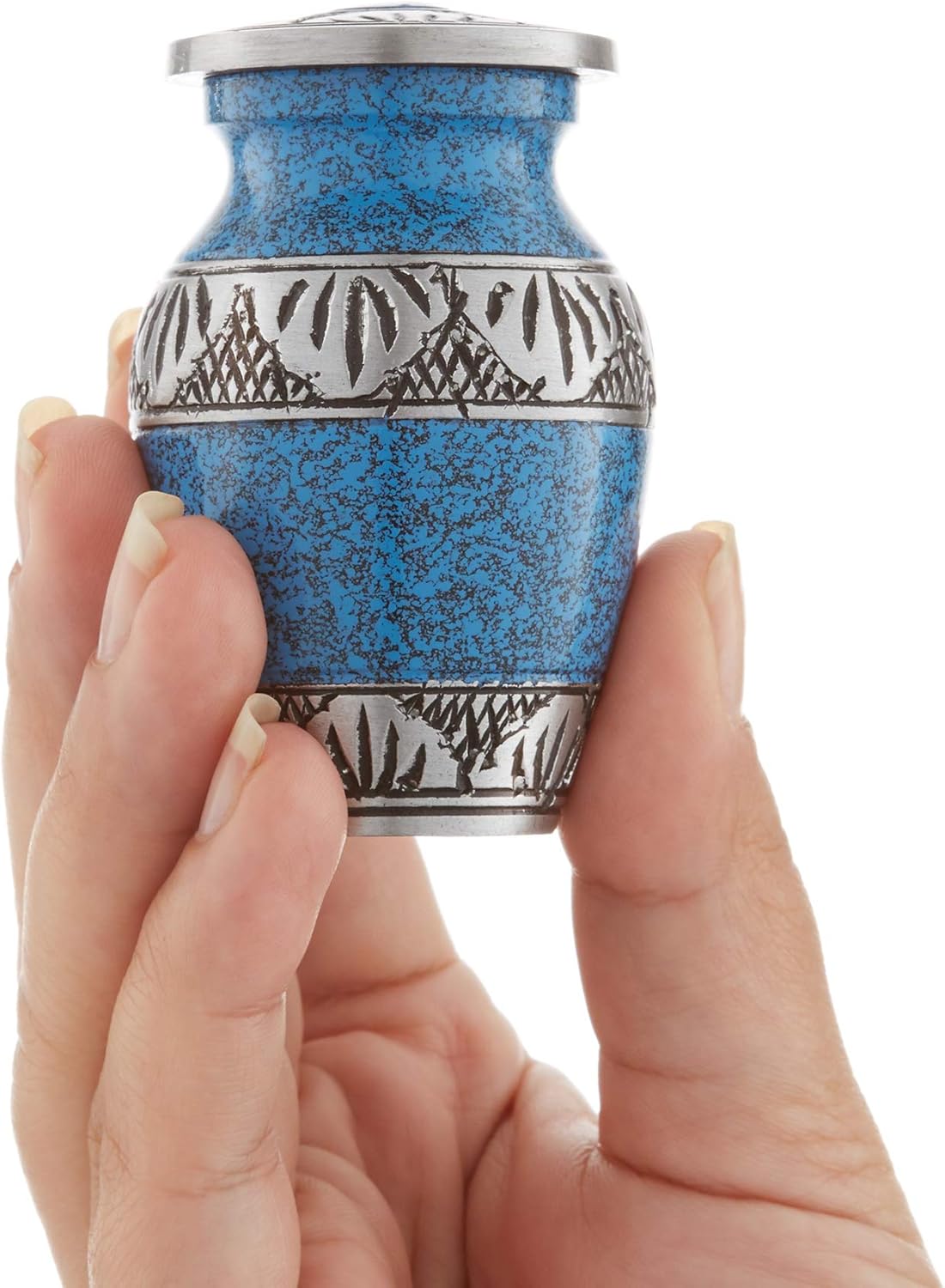 Reminded Mini Cremation Urns Set of 4 Blue Silver with Velvet Case