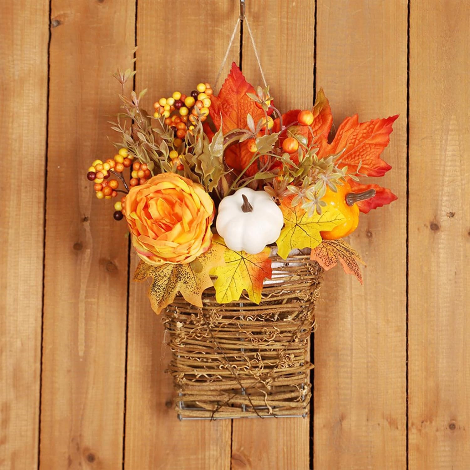 Autumn Peony Pumpkin Wall Hanging Basket for Fall Decor