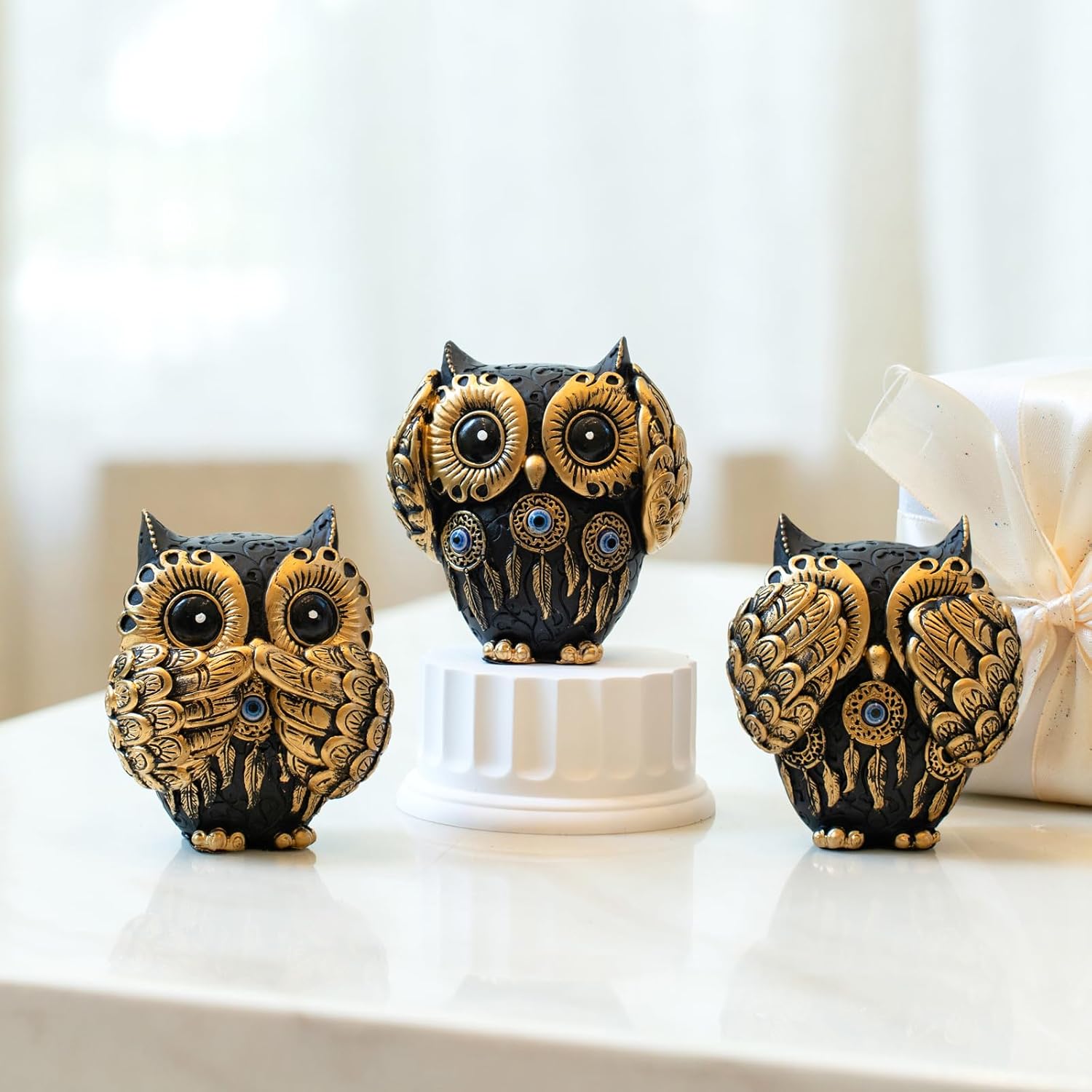 Set of 3 See No Evil Owl Figurines Vintage Black and Gold Design