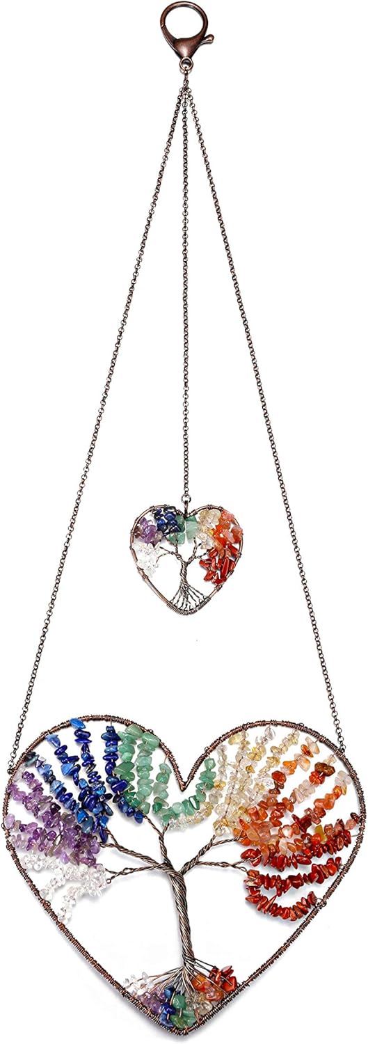 JOVIVI Double Heart Tree of Life Hanging Ornament with 7 Chakra Healing Crystals