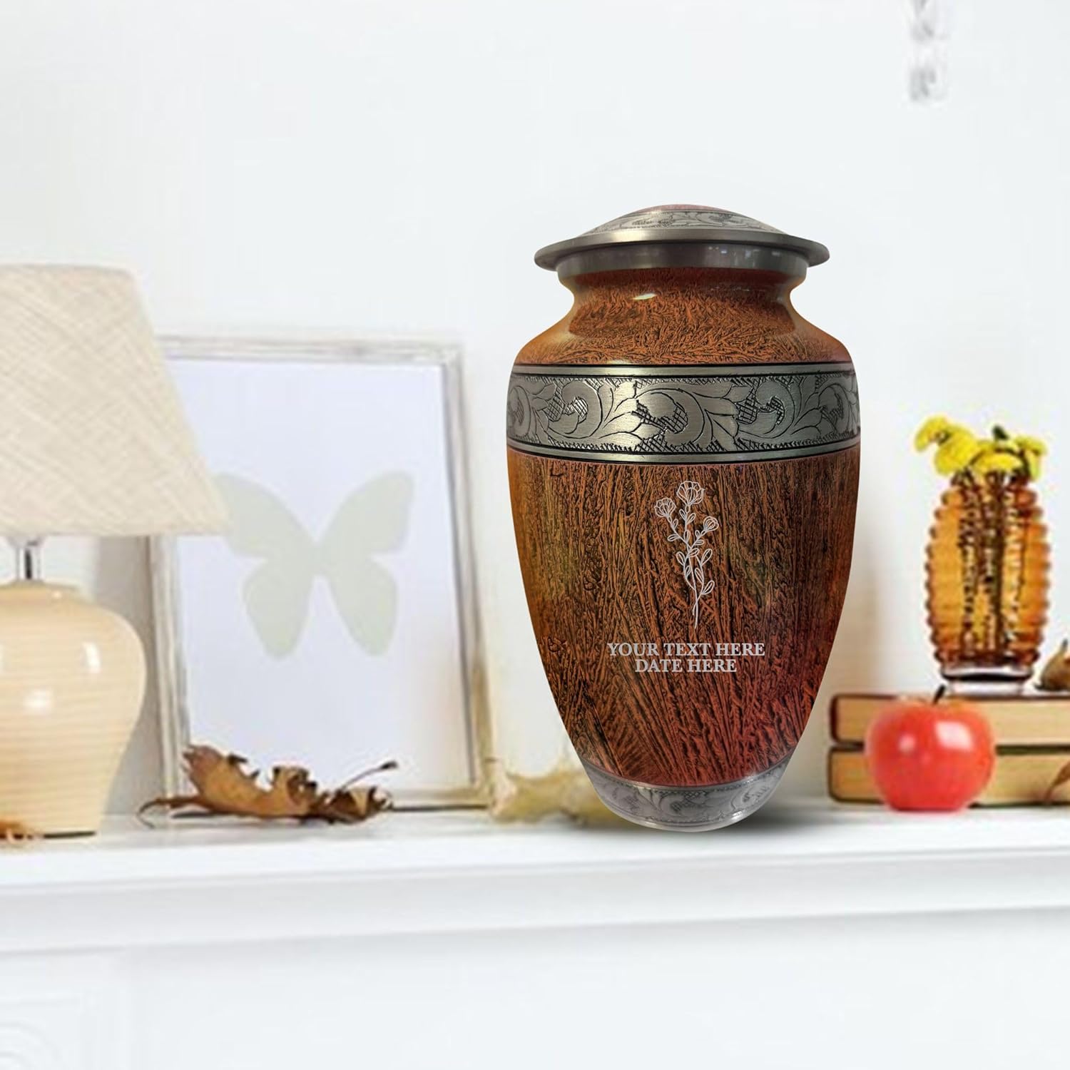 Personalized Cremation Urn for Ashes - Distressed Silver Inlay 200 Cubic Inch Floral Design Memorial Urn for Men Women