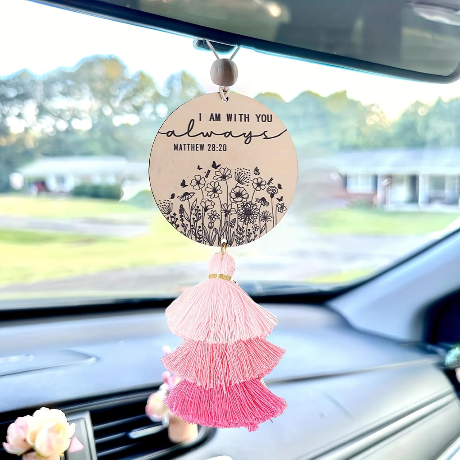 Christian Car Charm with Tassel - Pink