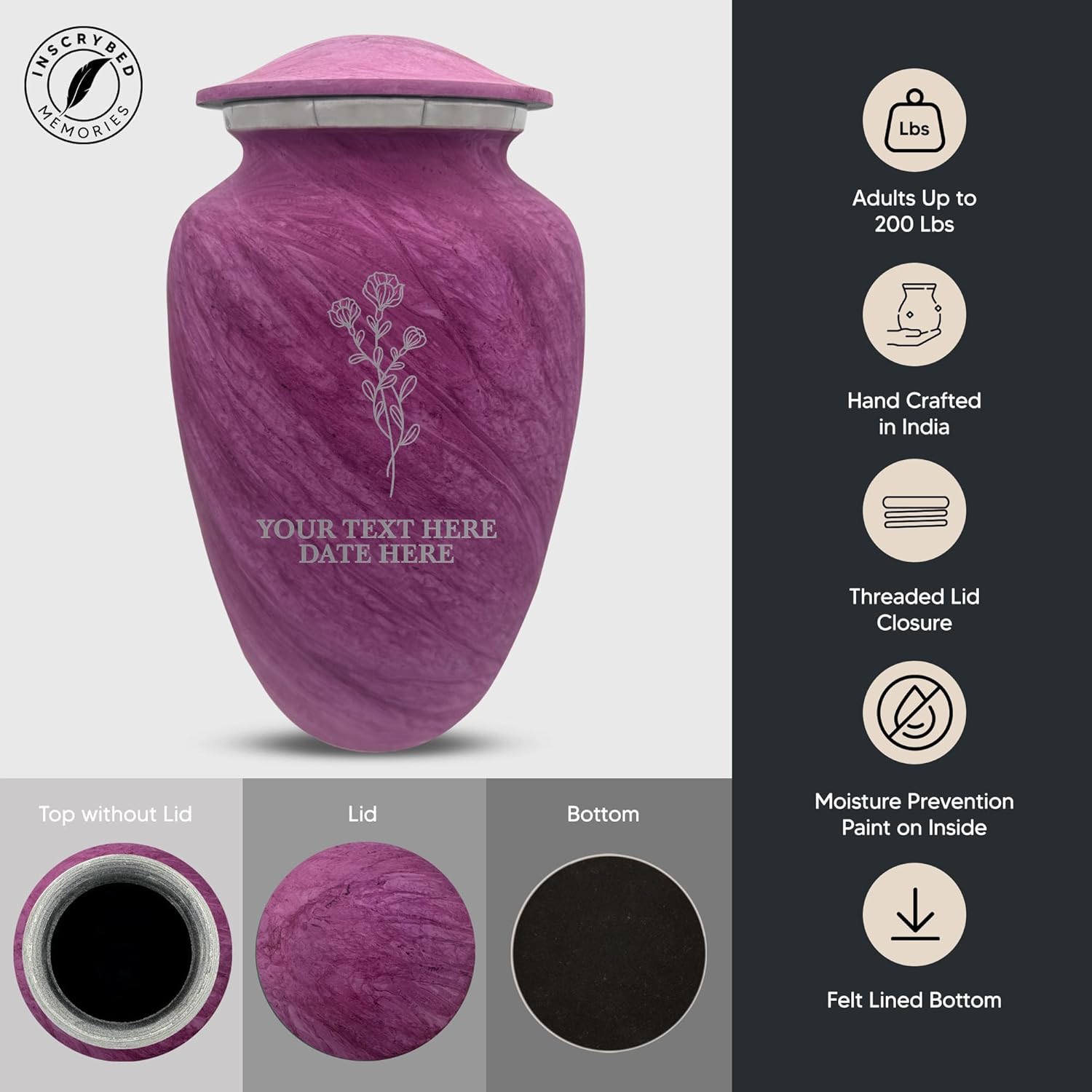 Custom Large Adult Cremation Urn - Personalized with Name and Floral Design Soft Whisper Collection Pink