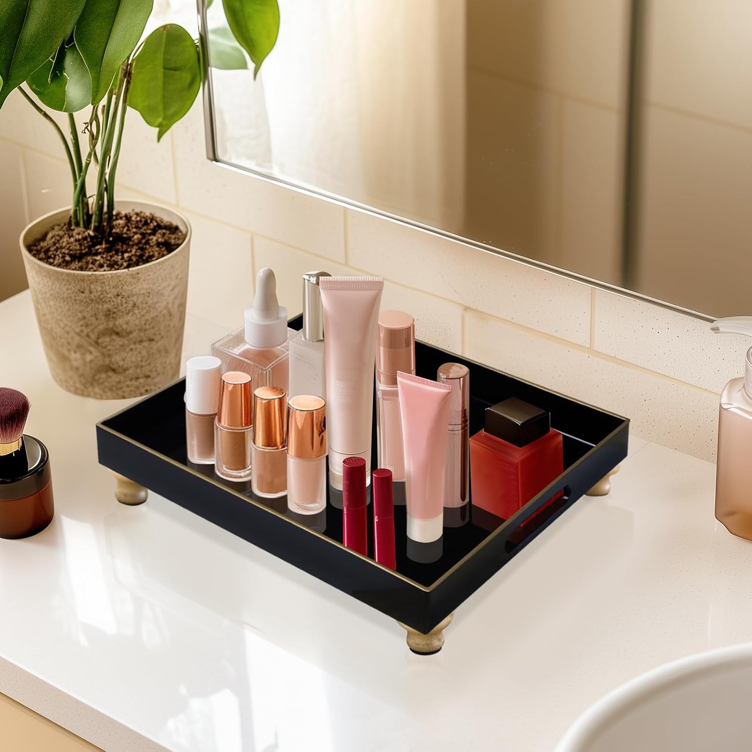 MAONAME Black Display Riser Decorative Tray 2 in 1 Pedestal Stand Serving Tray with Feet Rectangular